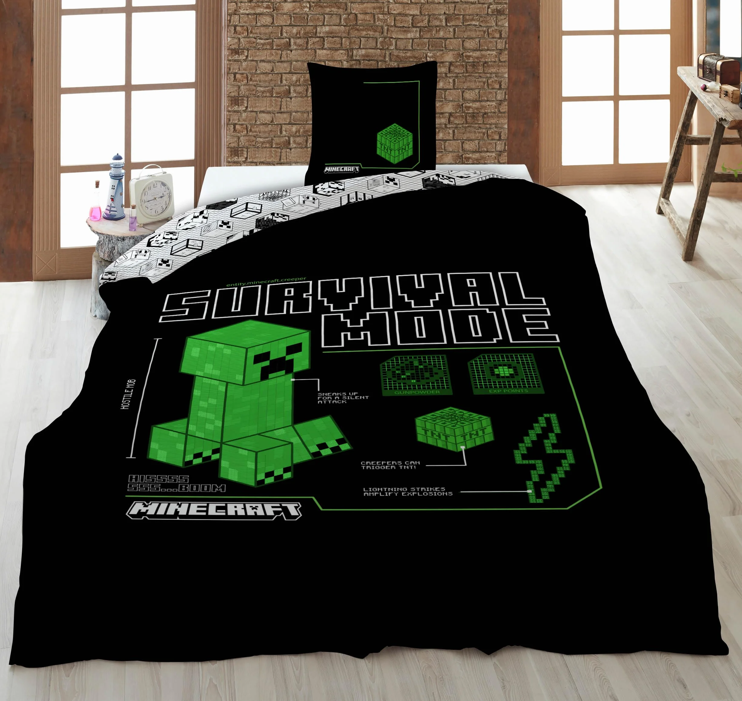 Minecraft Survival Mode Pościel Zestaw 140x200 cm + 63x63 cm Mikrofibra Creeper Blueprint Dwustronny