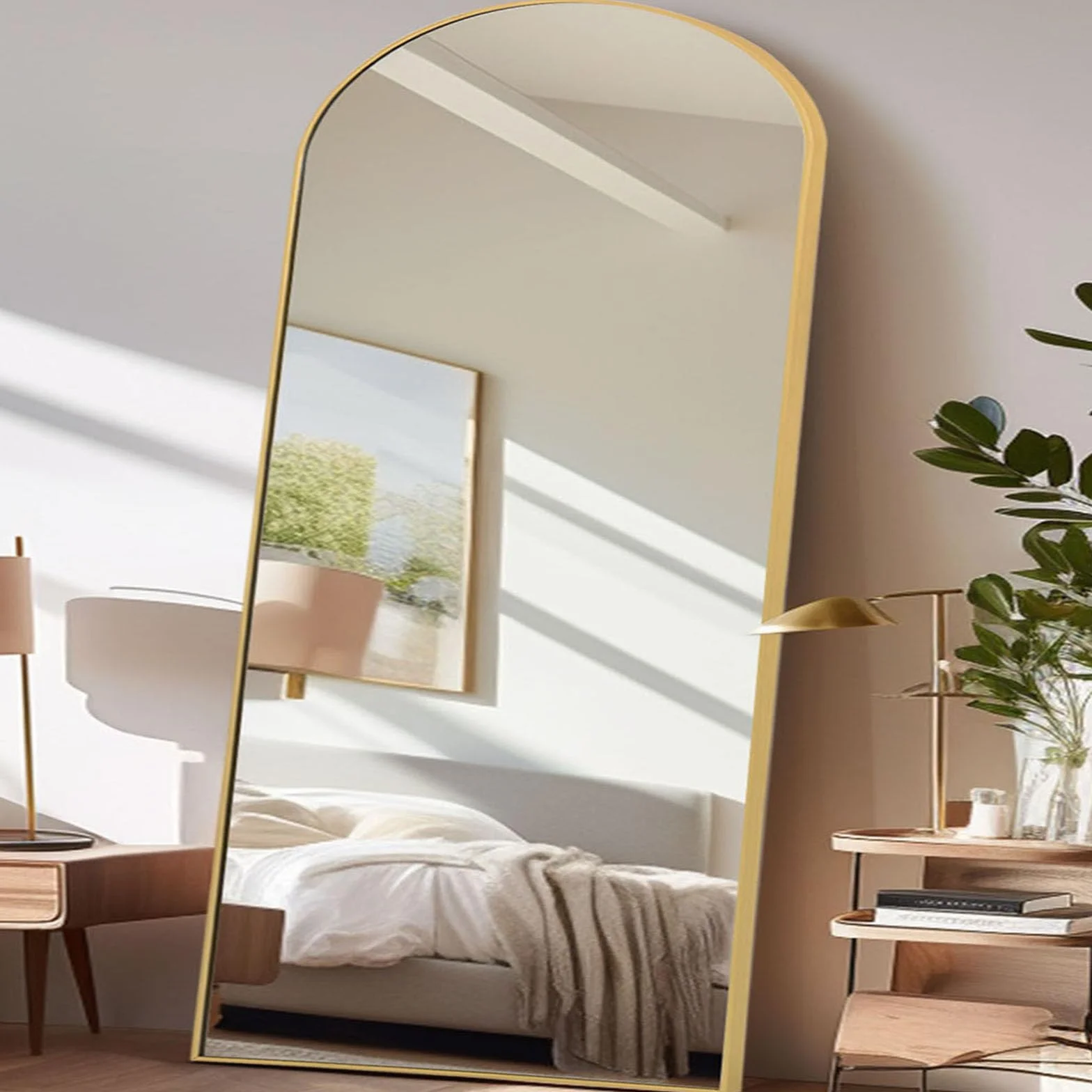 Pełne lustro 204 x 104 cm Łukowane podłogowo Duże lustro podłogowe do sypialni, salonu i przedpokoju, szkło hartowane, złota rama ze stopu aluminium