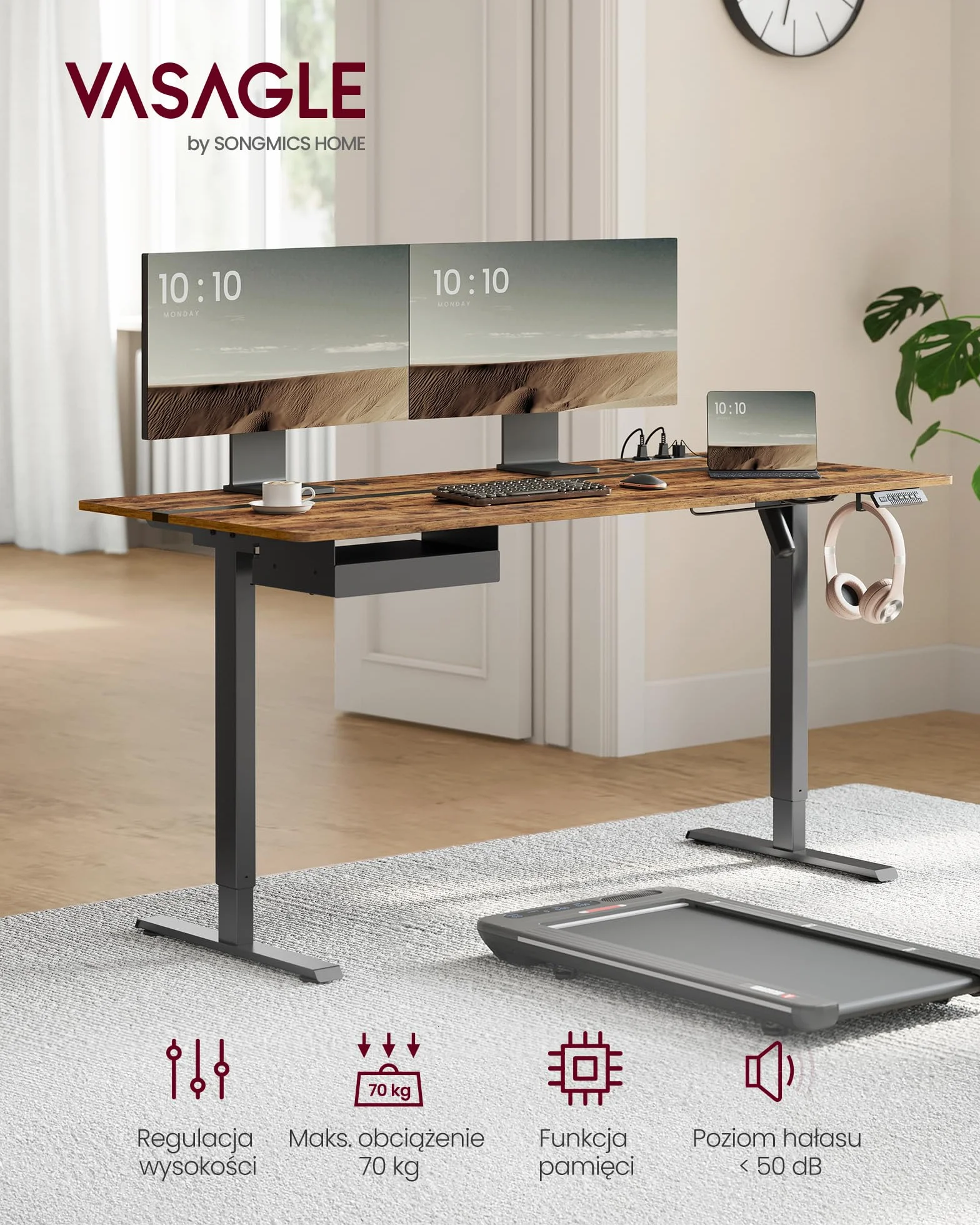 VASAGLE Biurko z elektryczną regulacją wysokości, z gniazdkiem elektrycznym i szufladą, 160 x 70 x (72-120) cm, blat regulowany bezstopniowo, funkcja pamięci wysokości, brązowe LSD116X01
