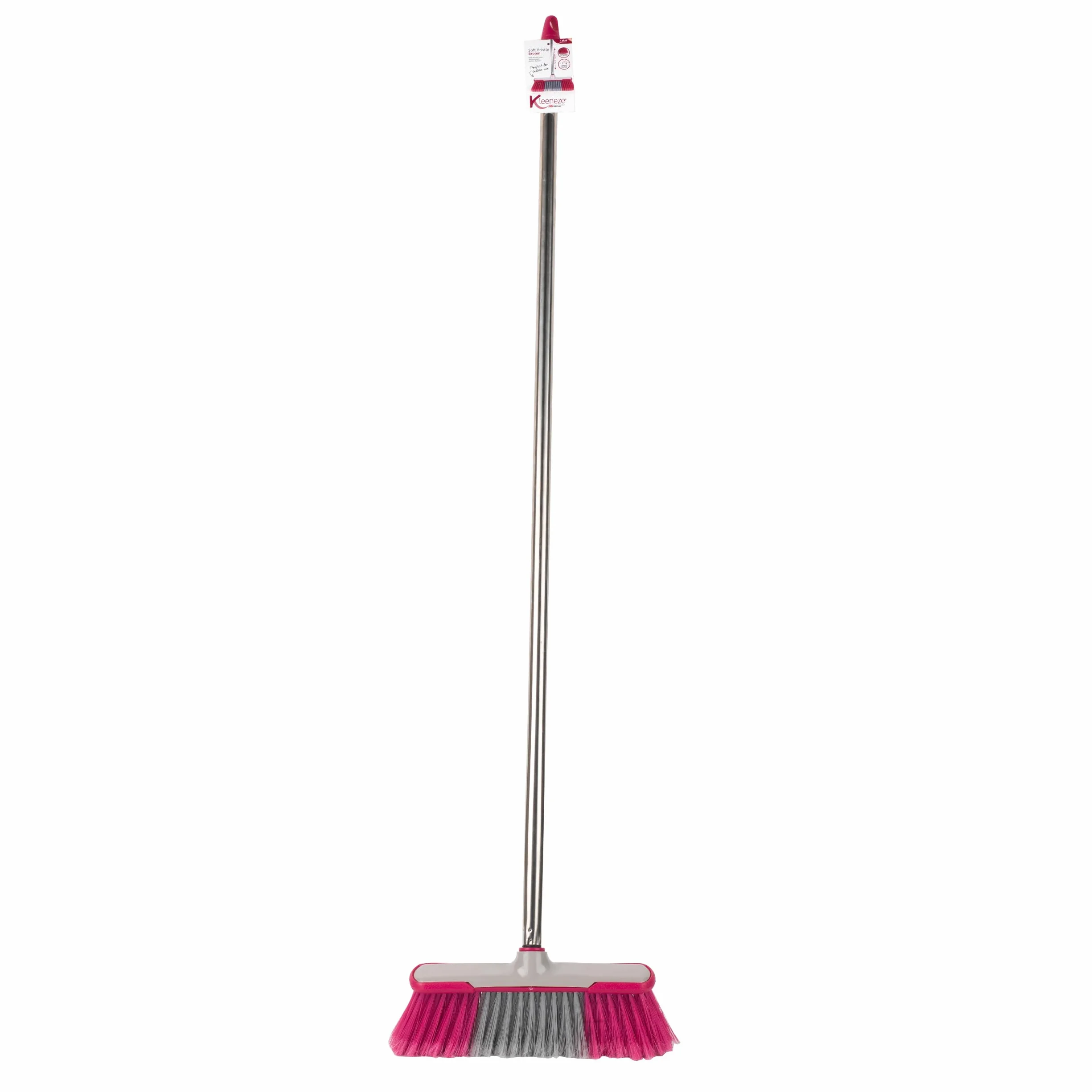 Kleeneze KL062437EU Soft Bristle Sweeping Brush Indoor Floor Sweeper Broom 1.2 Metre Handle Stainless Steel Grey Pink