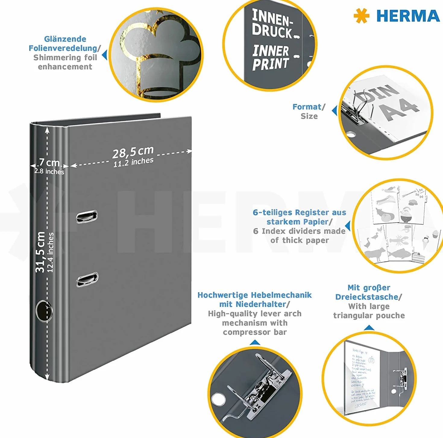 HERMA 19662 Recipe Folder A4 for Writing Yourself Star of the Kitchen, 7 cm Wide, Recipe Book with Index for Filing, Motif Ring Binder with Inner Print for Kitchen and Household for Cooking Recipes