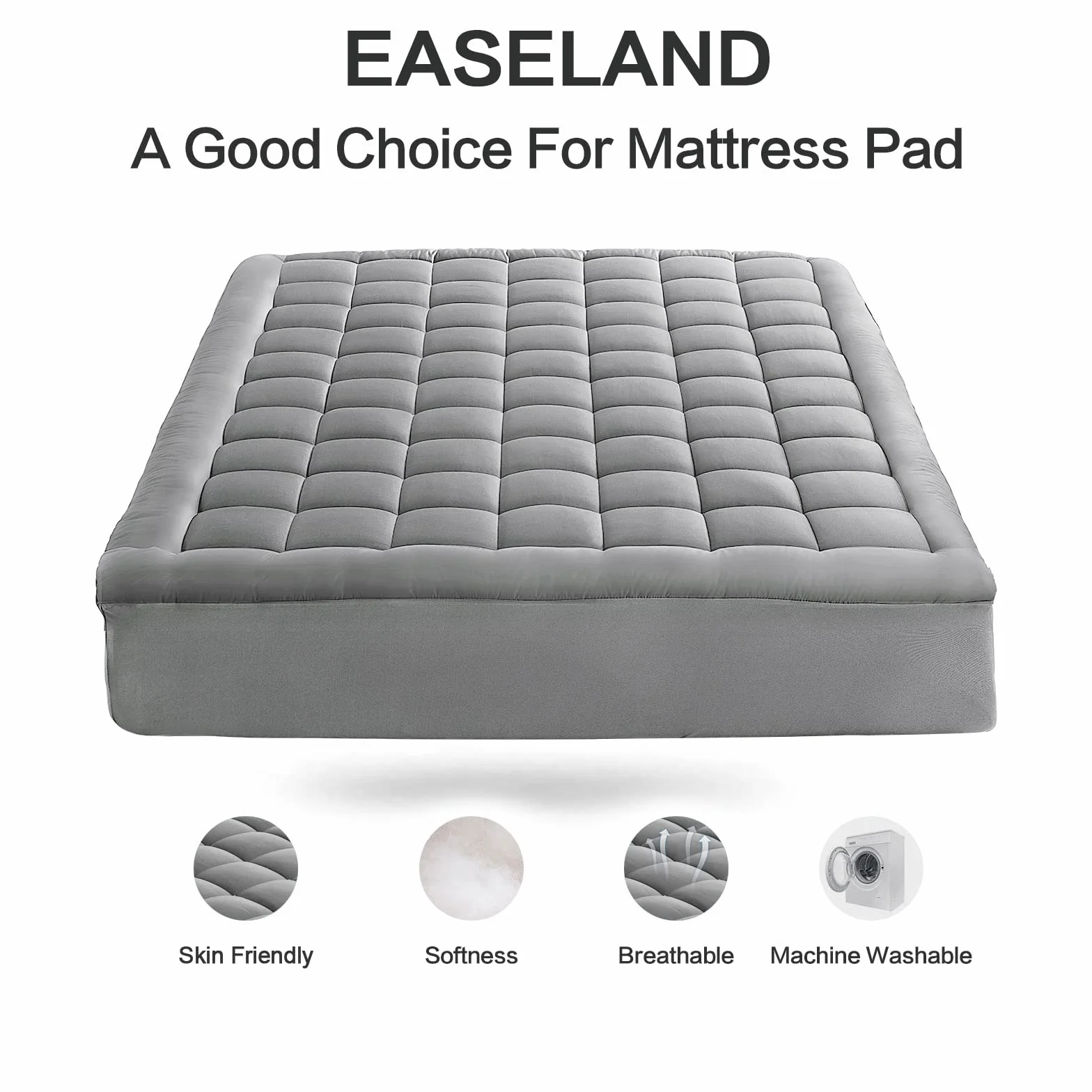 EASELAND Poduszka na materac Queen, poszewka na górę, pikowany dopasowany ochraniacz na materac 20–53 cm, głęboka kieszeń, chłodzący materac (152 x 203 cm, jasnoszary)