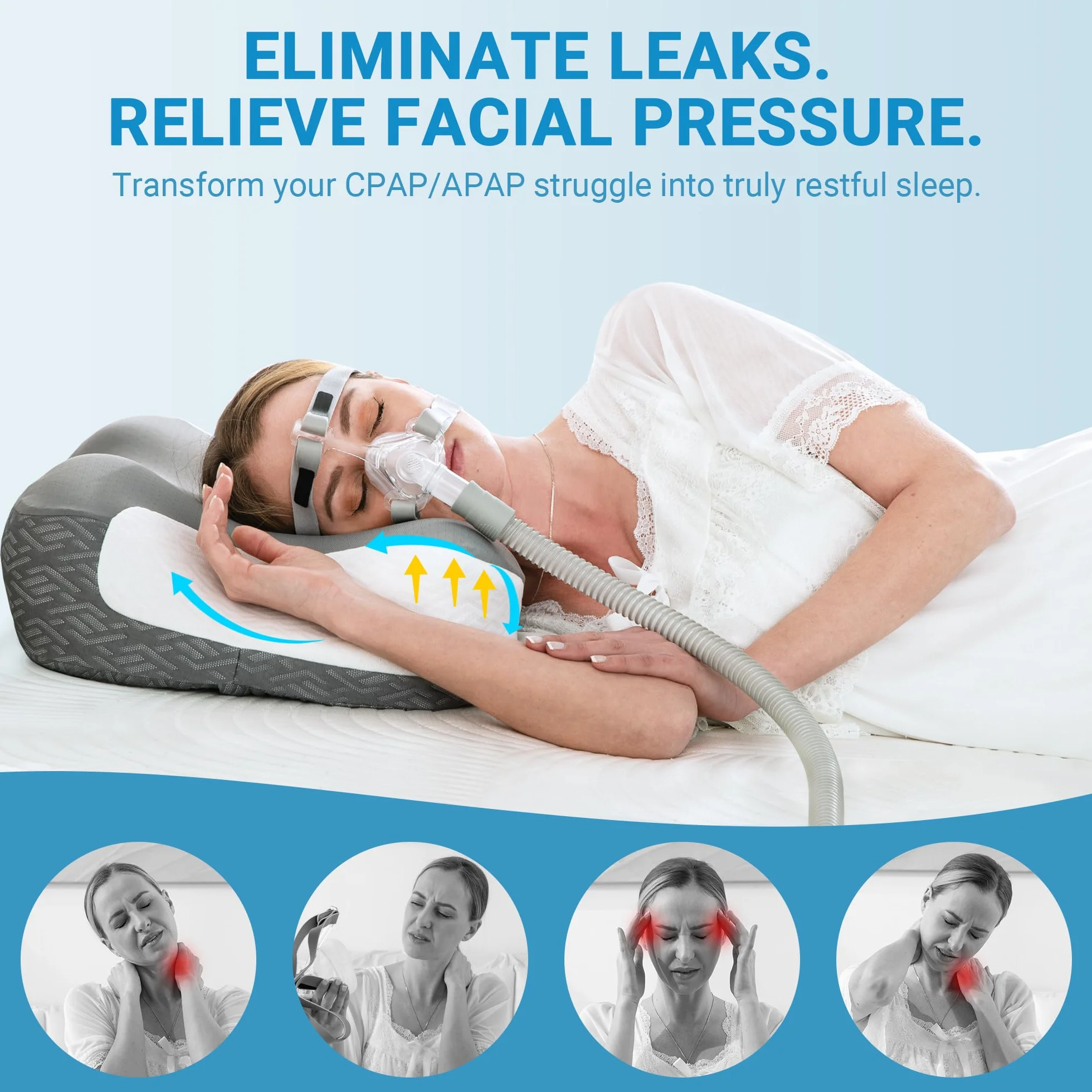 Elviros Poduszka CPAP Memory Foam, ergonomiczna, regulowana wysokość i twardość, dla użytkowników CPAP, kompatybilna z różnymi maskami, dla osób śpiących na boku, plecach i brzuchu