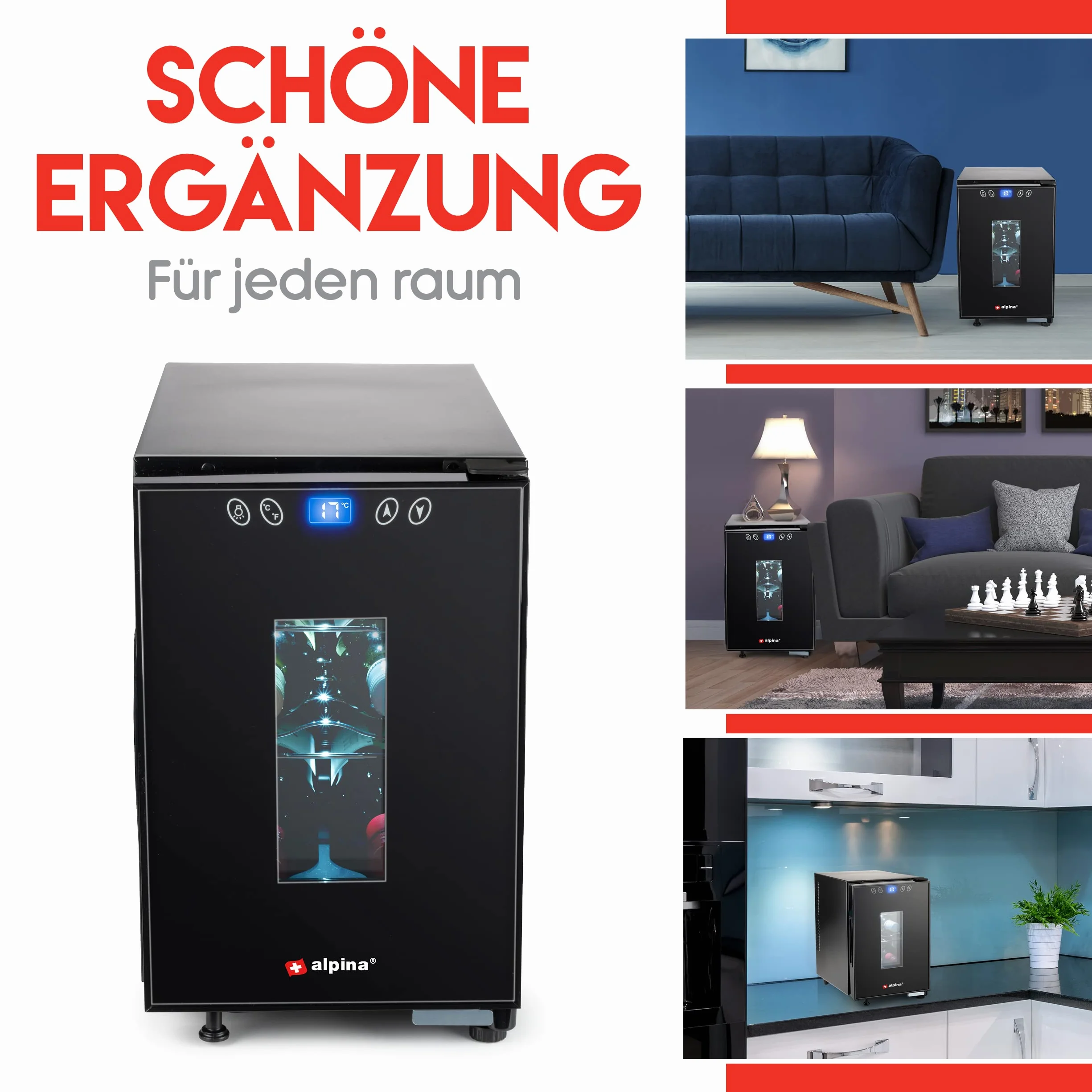 alpina Chłodziarka na wino 18 l – chłodziarka do wina na 6 butelek – chłodziarka do butelek 230 V – regulacja temperatury od 11°C do 18°C – szklane drzwi i oświetlenie wewnętrzne – cicha praca –