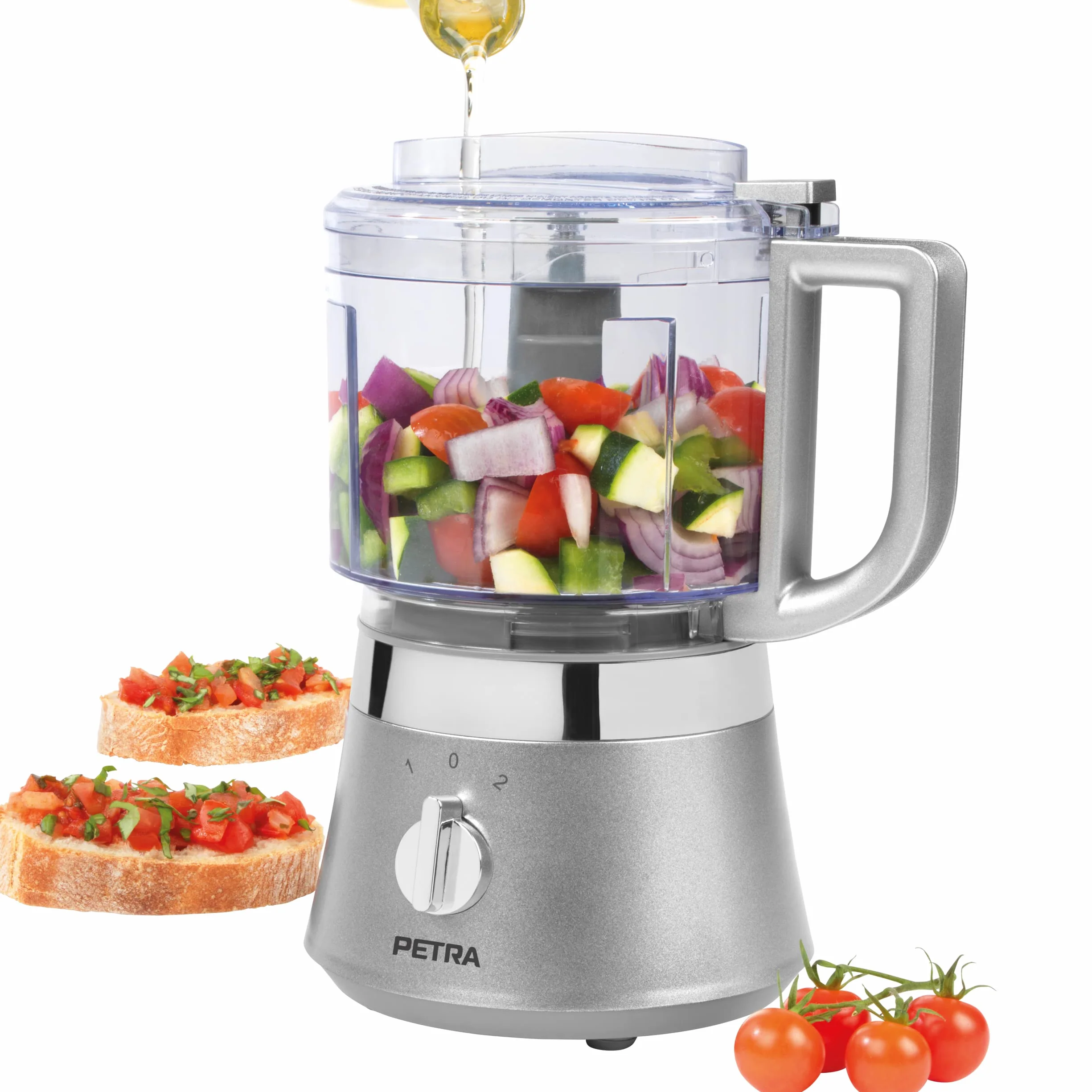 Petra PT5114VDEEU7 Kompaktowy kuchenny robot wielofunkcyjny, 500 ml, 2 predkosci, ostrza ze stali nierdzewnej, otwór w pokrywce, konstrukcja ulatwiajaca czyszczenie, sieka salaki/warzywa, 400 W