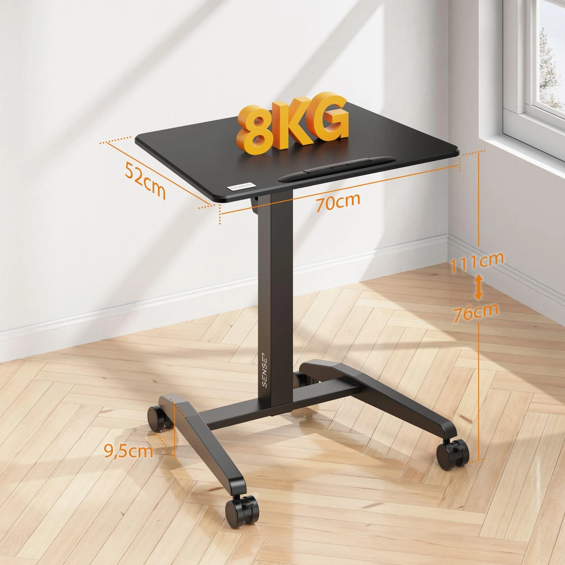 SENSE7 Mobile Desk | Biurko Regulowane | 70 X 52 Cm | Mobilna Konstrukcja | Wysokość 76-111 Cm | Zmiana Kątu Nachylenia | Uchwyt Na Słuchawki | Ogranicznik Krawędzi | Kółka Z Blokadą | Czarne
