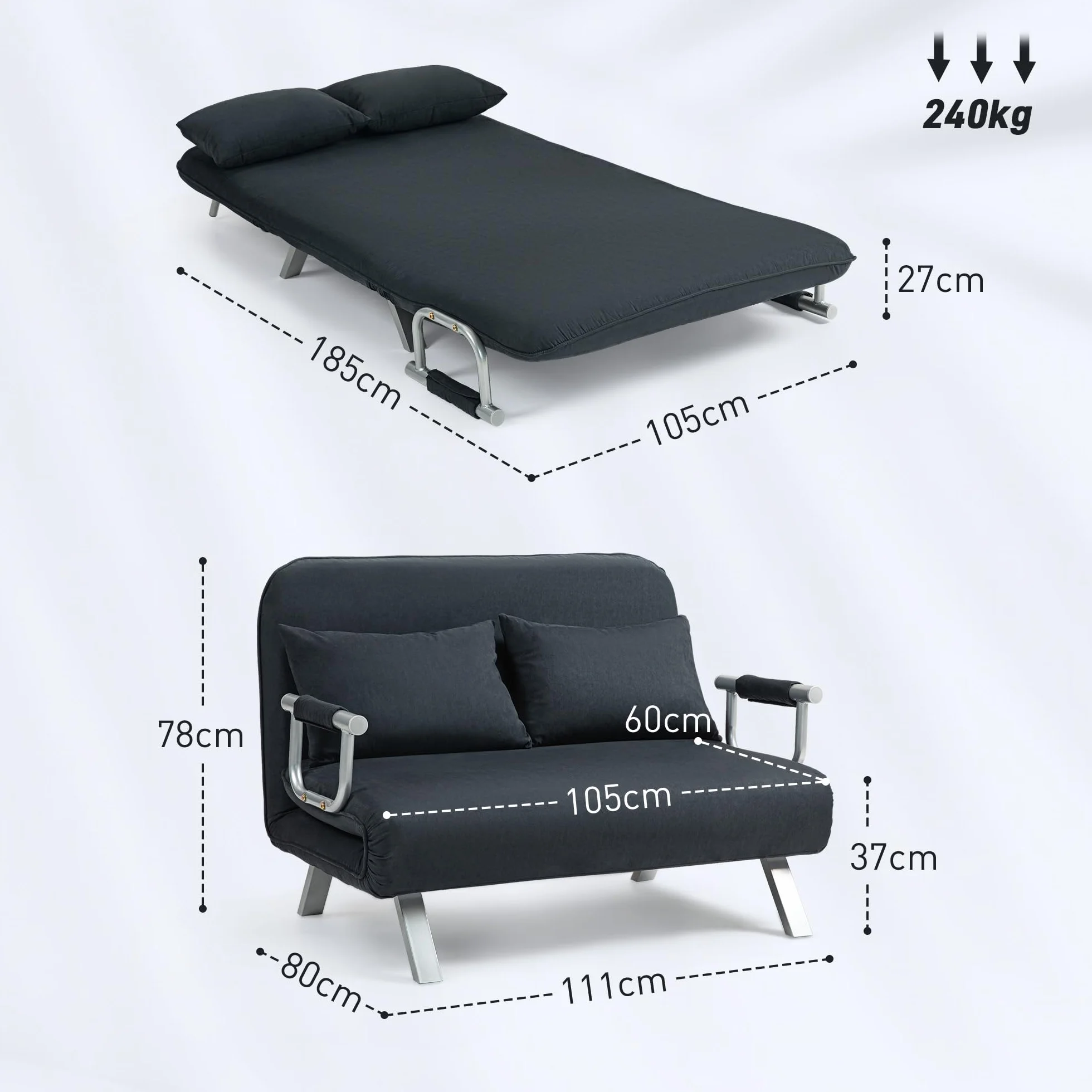 HOMCOM Sofa do spania 3 w 1, 185 x 105 cm, sofa do spania z 5-stopniową regulacją oparcia, poduszka do rzucania, 2-osobowa sofa z funkcją spania, aksamitny wygląd, szezlong do salonu, sypialni, kolor