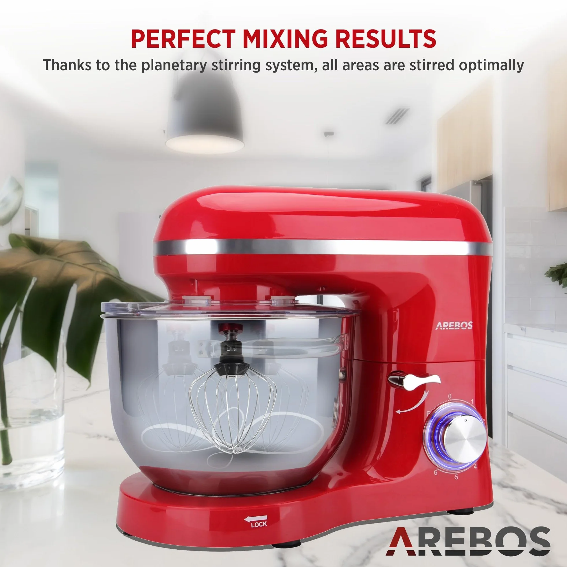Arebos Profesjonalny robot cukierniczy 1500W | Czerwony | Wielofunkcyjny robot kuchenny z trzepaczką, ubijaczką i haczykiem | Miska ze stali nierdzewnej 6 litrów | 6 prędkości | Funkcja impulsu
