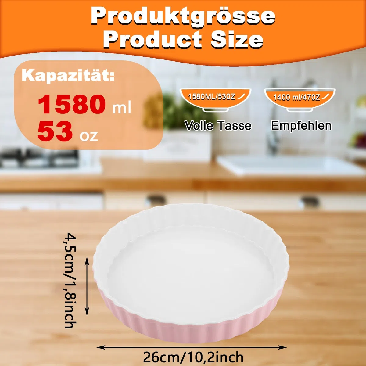 Ceramiczne naczynie do quiche, średnica 26 cm, okrągłe naczynie do tart, naczynie do zapiekanek, okrągłe, różowe, 26 x 26 x 4 cm