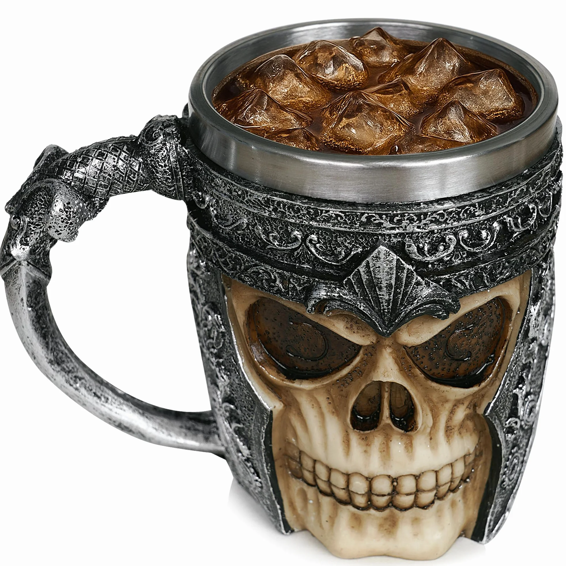 Kubek premium 3D z czaszką ze stali nierdzewnej do napojów takich jak kawa, herbata, cappuccino, piwo | Kubek z głową czaszki Wikingów z designem szkieletu czaszki (1)