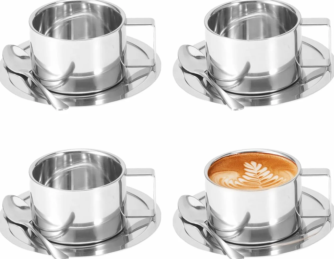 Zestaw 4 filiżanek do kawy ze stali nierdzewnej, 200 ml, podwójne ścianki, metalowe, do espresso, filiżanki termiczne z łyżeczką i spodkiem, do kawy, latte, herbaty, mleka