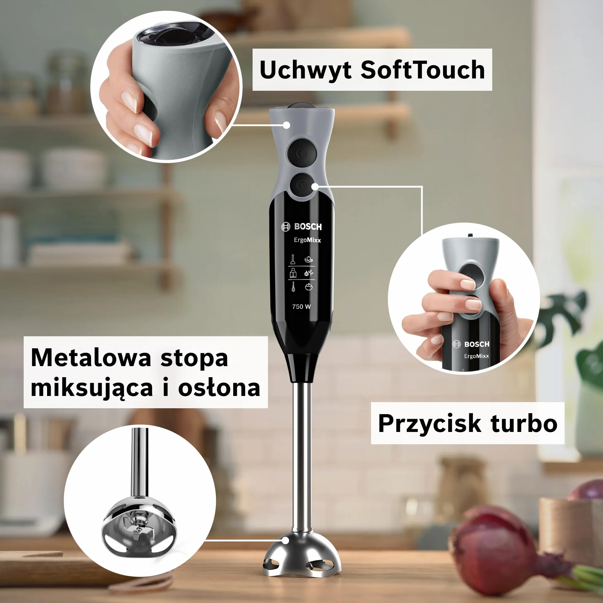 Bosch, blender ręczny, ErgoMixx, silnik 750 W, 12 prędkości i funkcja turbo, rozdrabniacz, trzepaczka i pojemnik, czarny, MSM67160