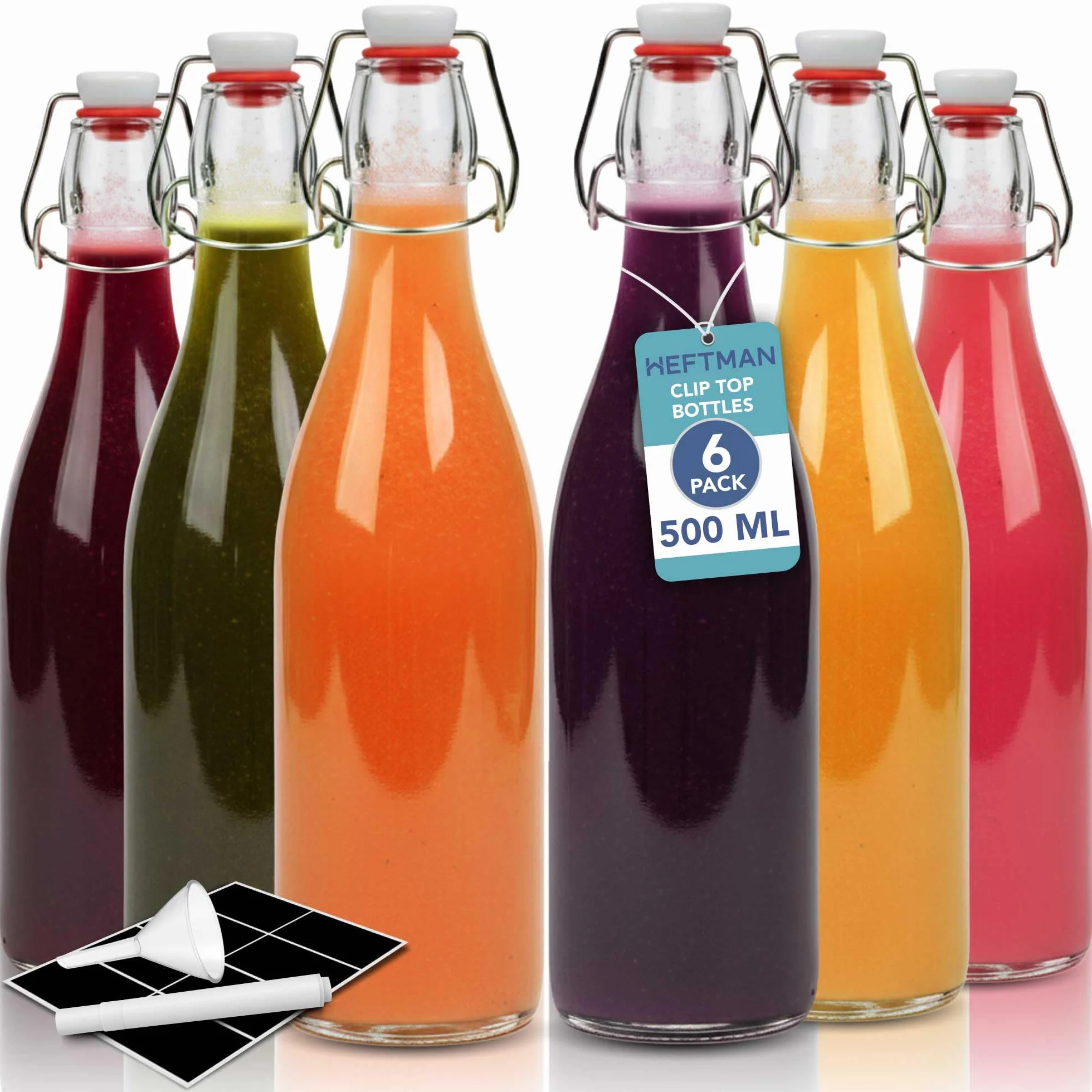HEFTMAN Szklane butelki z korkami - 500ml 6 sztuk przezroczyste butelki swing top do warzenia piwa z hermetycznymi korkami na wino, przyprawy, napoje, olej, ocet, kombucha i wodę - 6 SZT (500ml)