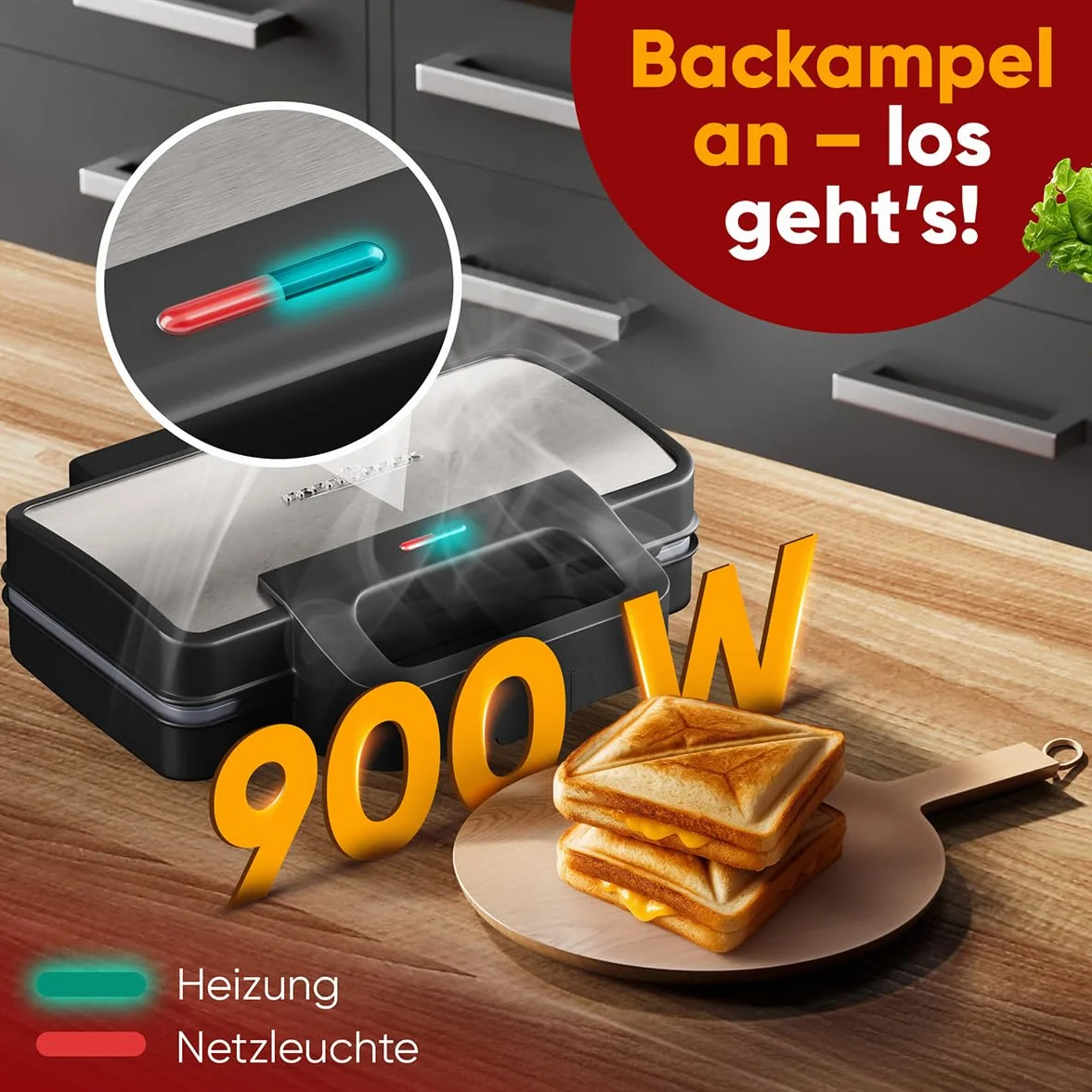 ProfiCook® Opiekacz do kanapek XXL | Bardzo duże płyty na kromki chleba | Powłoka nieprzywierająca | 900 W | PC ST 1315