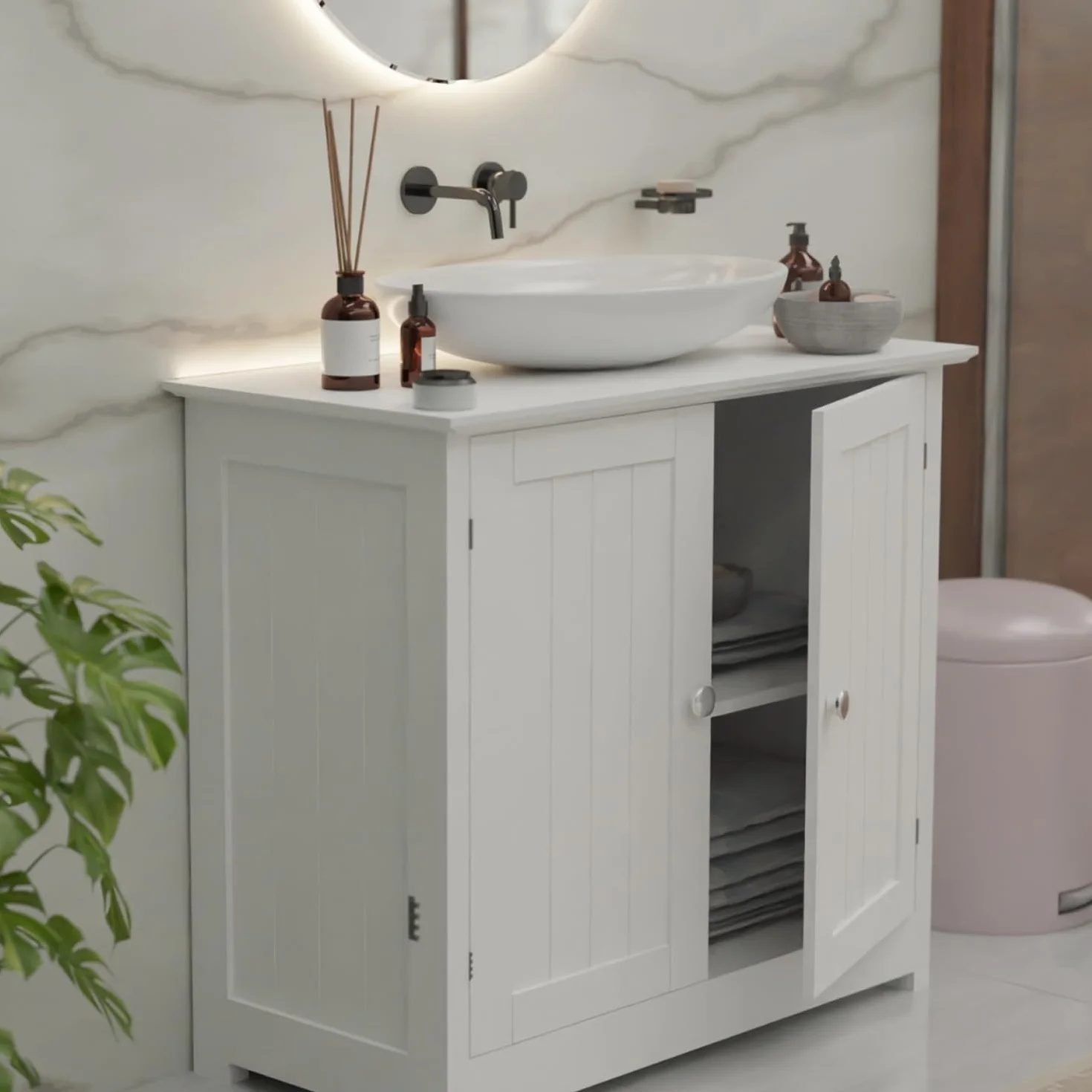 shelfmade szafka pod umywalkę w stylu rustykalnym – biała szafka łazienkowa (50 cm lub 60 cm szerokości) – szafka pod zlew z wycięciem na syfon – meble łazienkowe
