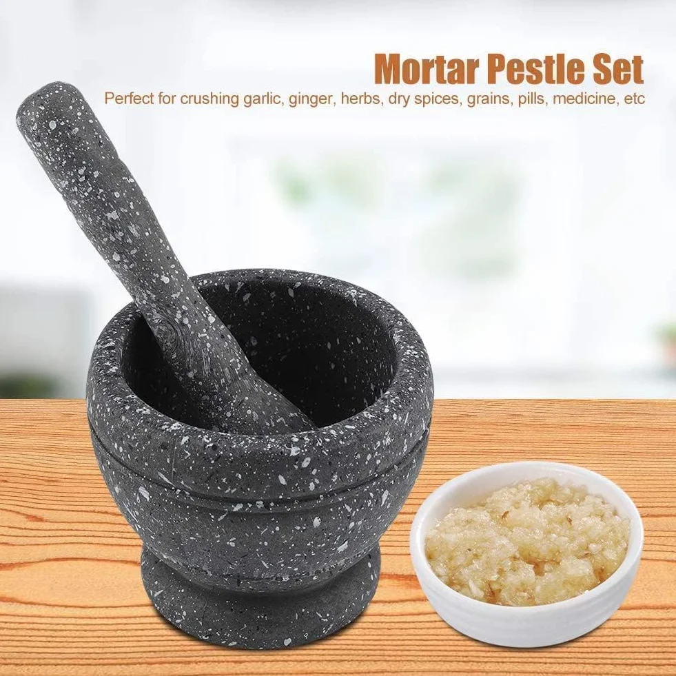 Moździerz i tłuczek, miska do mielenia z młotkiem prętowym, sos tłuczek do czosnku młynek ręczny kruszarka gadżety kuchenne przyprawy do przypraw(Black Granite Grain)