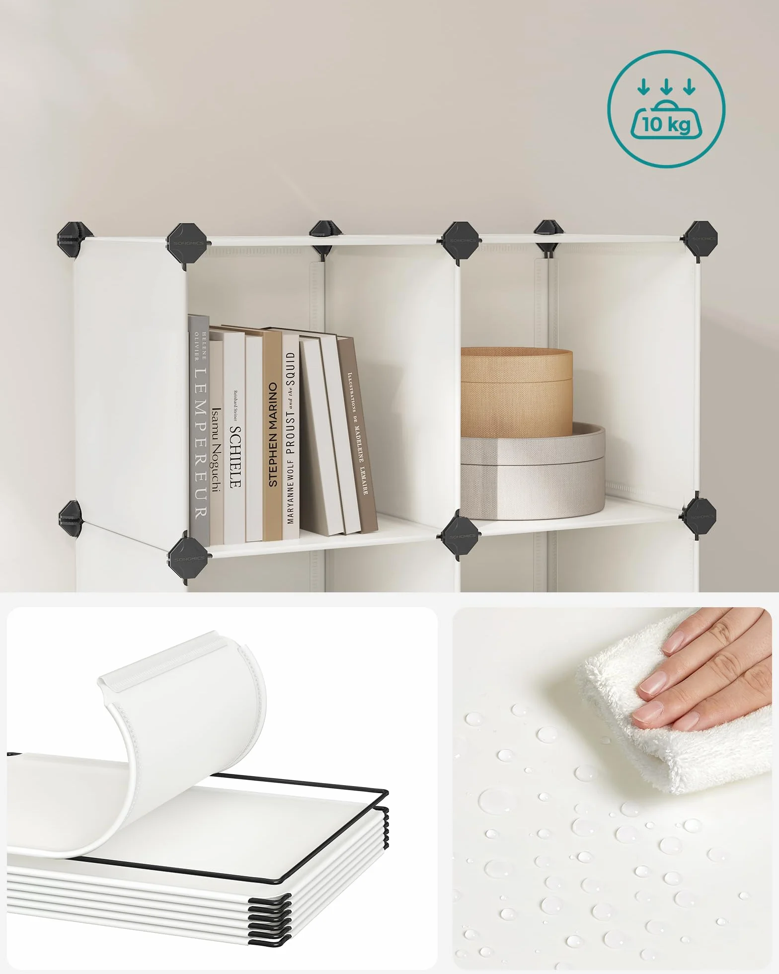 SONGMICS Modułowy organizer do przechowywania w kostce z tworzywa sztucznego, z nóżkami, stojak na buty, każda kostka 30 x 30 x 30 cm, do salonu, sypialni, gabinetu, z gumowym młotkiem, kremowo-biały