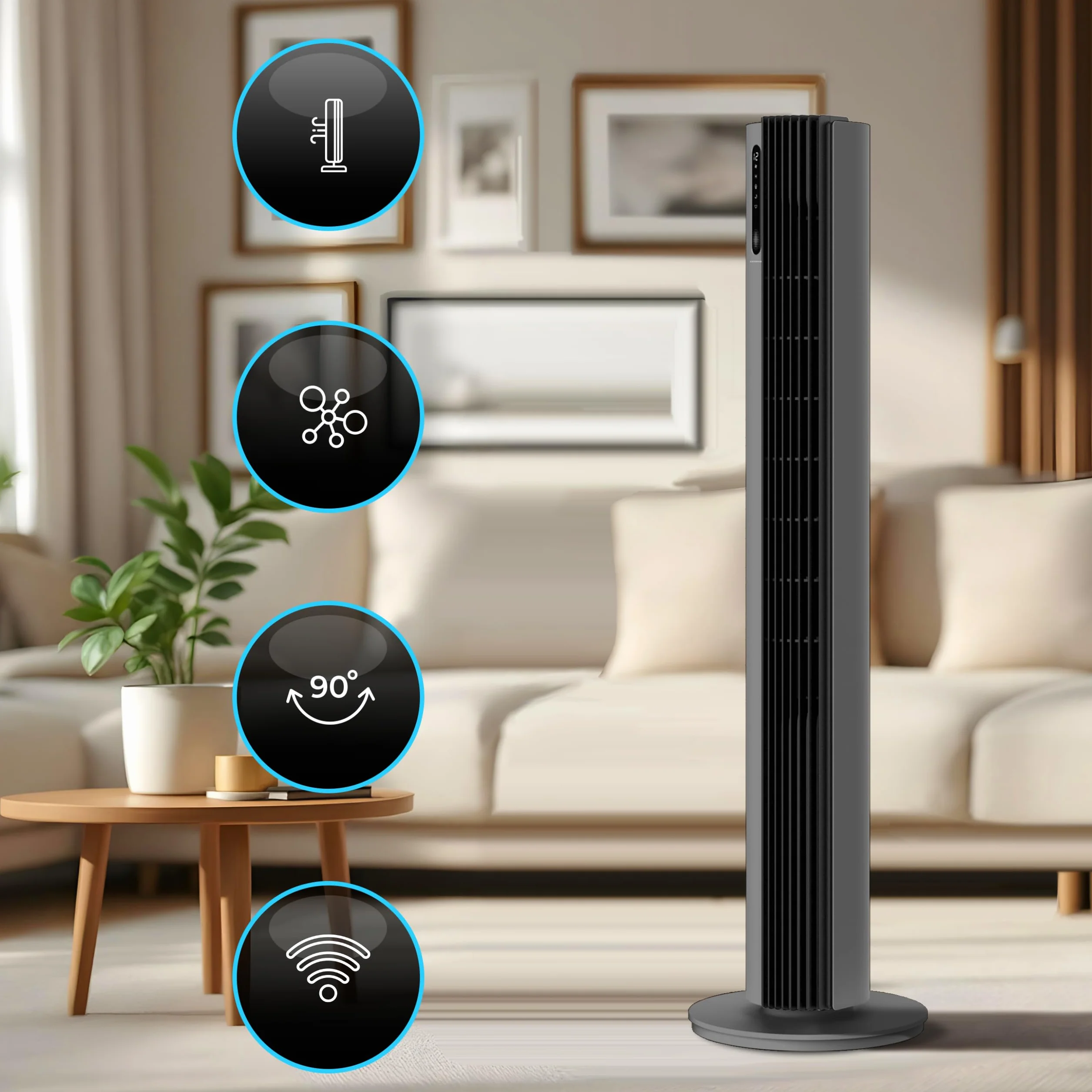 Wentylator kolumnowy 110cm PURE Jonizacja Plazmowa WiFi Tuya Smart Life, 12 prędkości, 30W, Timer 12h, Bardzo cichy wiatrak stojący z pilotem, Tower Fan, Nowoczesny klimatyzer wieżowy, Szary