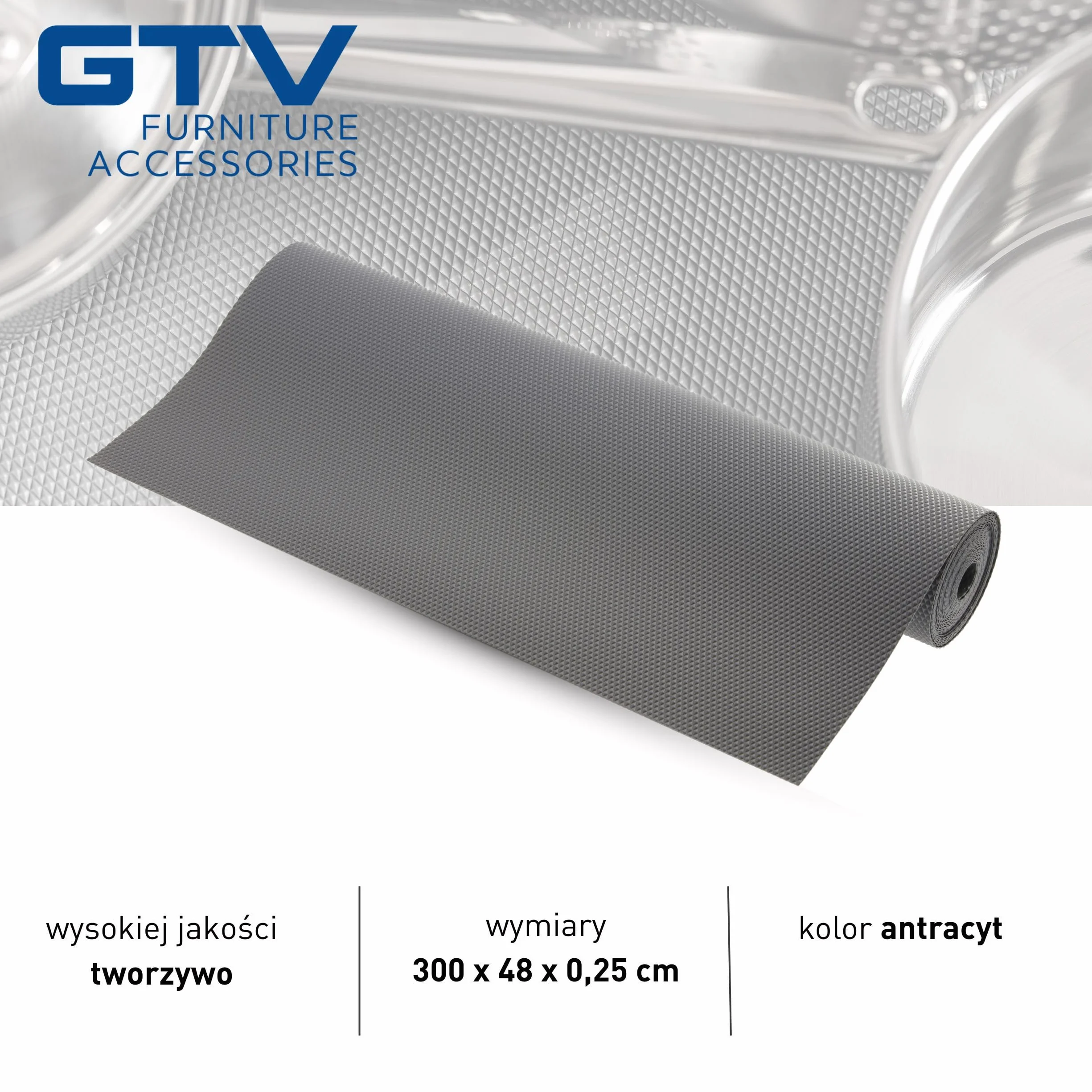 GTV - 1 rolka 48 cm x 300 cm mata antypoślizgowa do szuflad, do szafek kuchennych, mata antypoślizgowa, z tworzywa sztucznego, wkładka do szuflady, mata do lodówki, kolor antracytowy