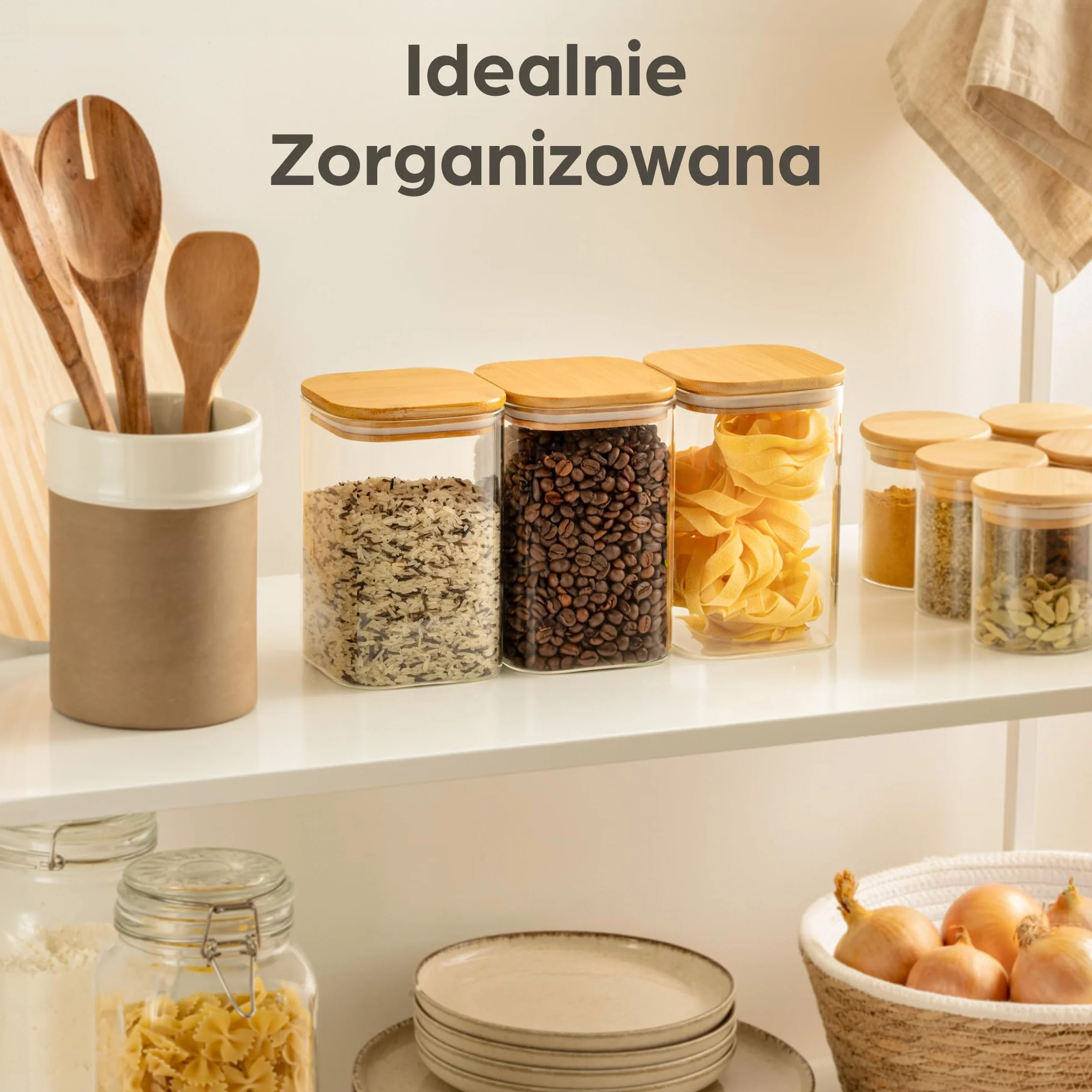 Praknu Słoiki Szklane 1L Zestaw 3 Sztuk z Bambusowymi Pokrywkami Hermetyczne Kwadraty