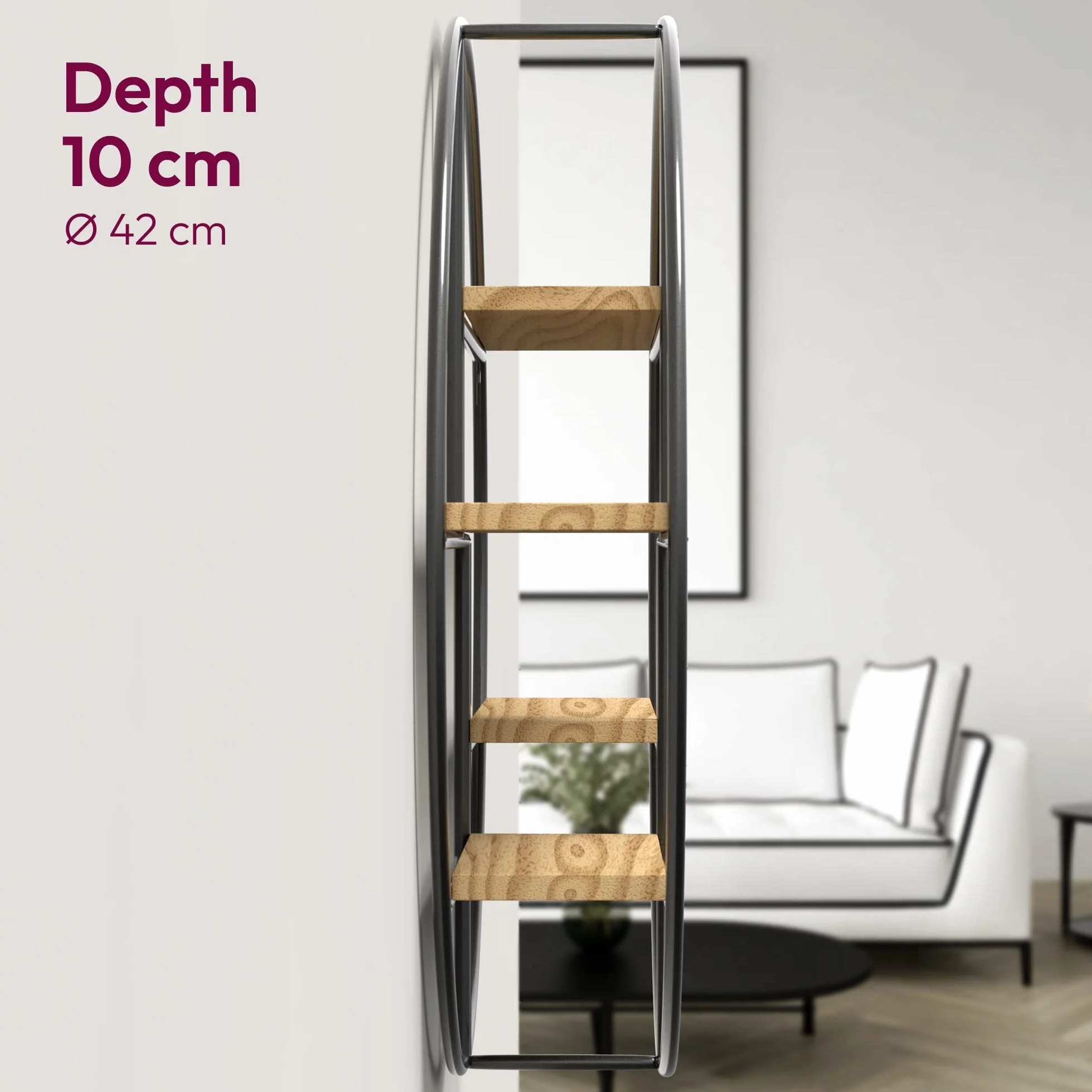 Gadgy Okrągły Regał Ścienny z 4 Półkami 42x10 cm Drewno Metal Industrialny