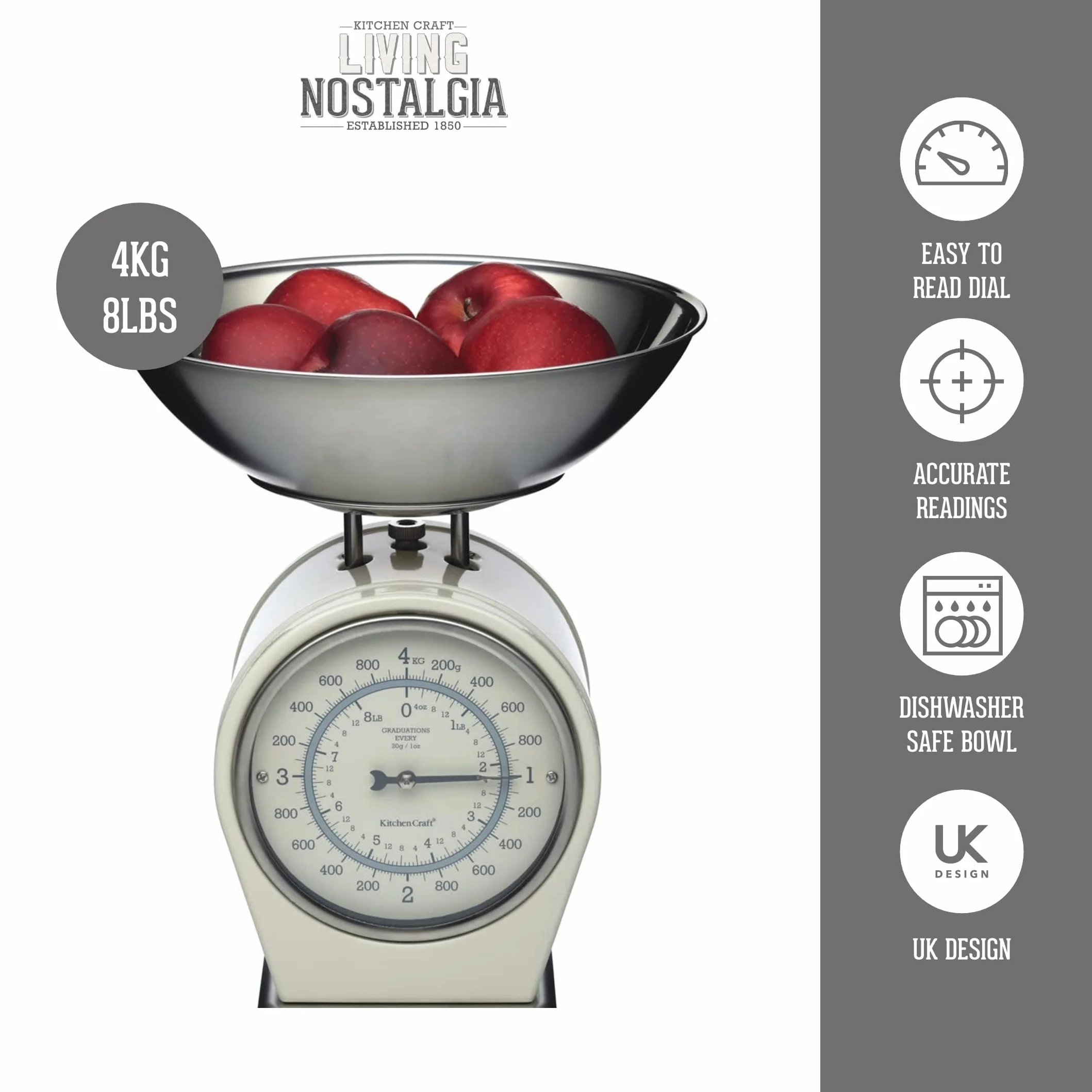 KitchenCraft Living Nostalgia, Mechaniczna Waga Kuchenna, Udźwig: 4 kg, ‎30 × 18 × 18 cm - Kolor Kremowy