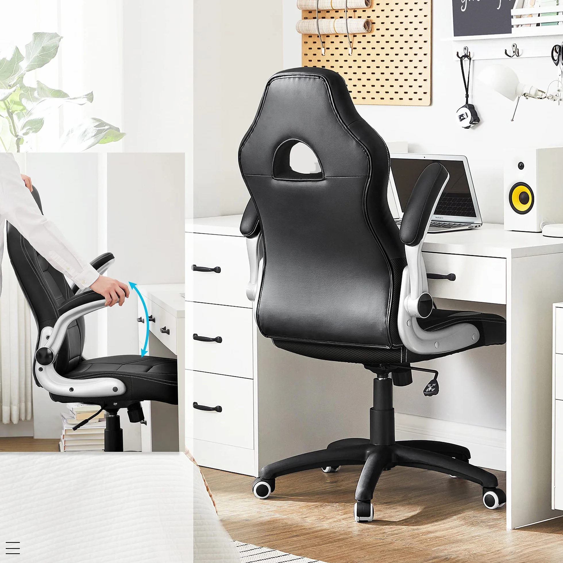 SONGMICS Krzesło gamingowe, Racing Chair, krzesło biurowe z wysokim oparciem, krzesło biurowe, z regulacją wysokości, składane podłokietniki, funkcja przechylania, dla graczy, czarne OBG28B