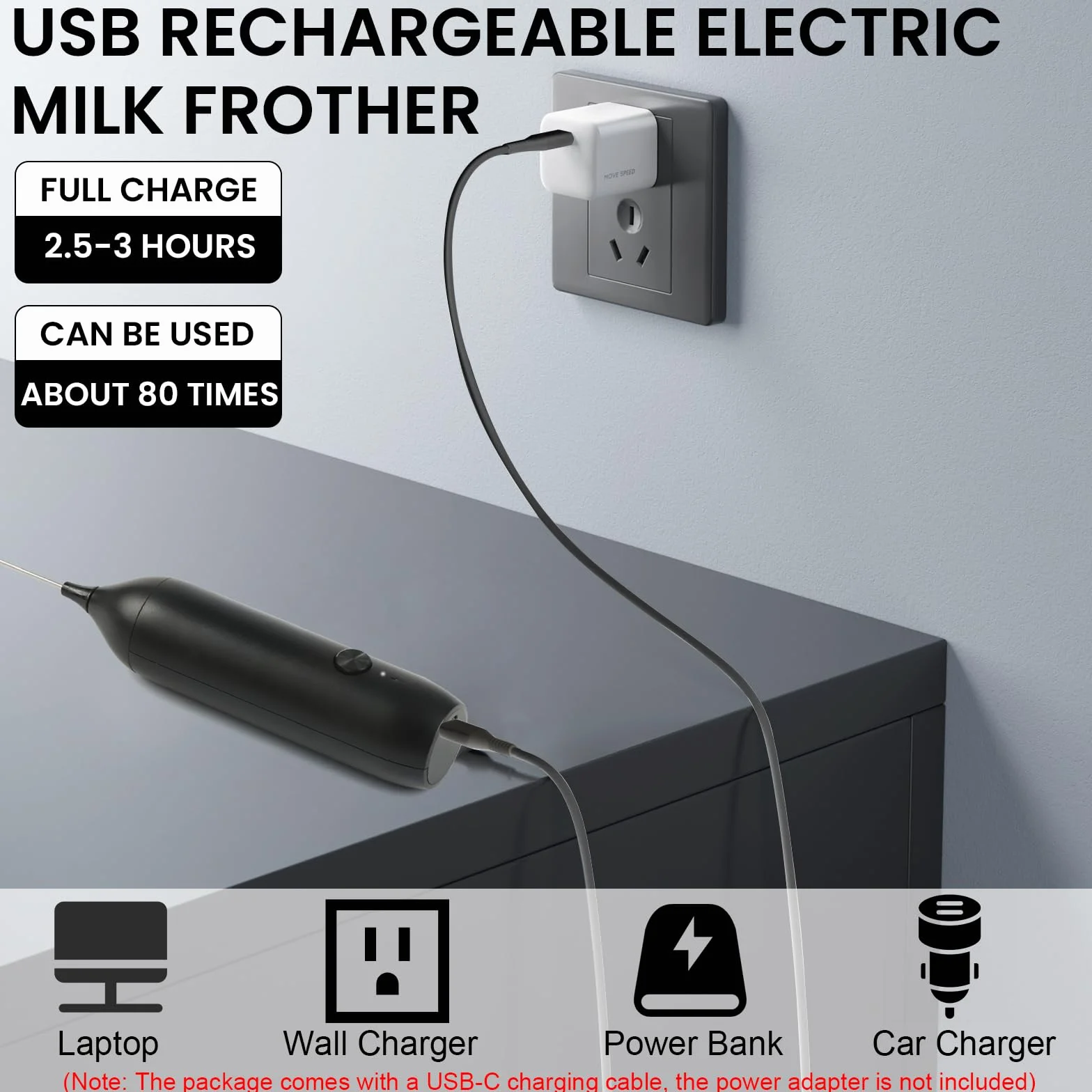 Weinsamkeit Elektryczny spieniacz do mleka, z możliwością ponownego ładowania, USB, ręczny elektryczny spieniacz do mleka, do kawy, latte, cappuccino, macha, macchiato