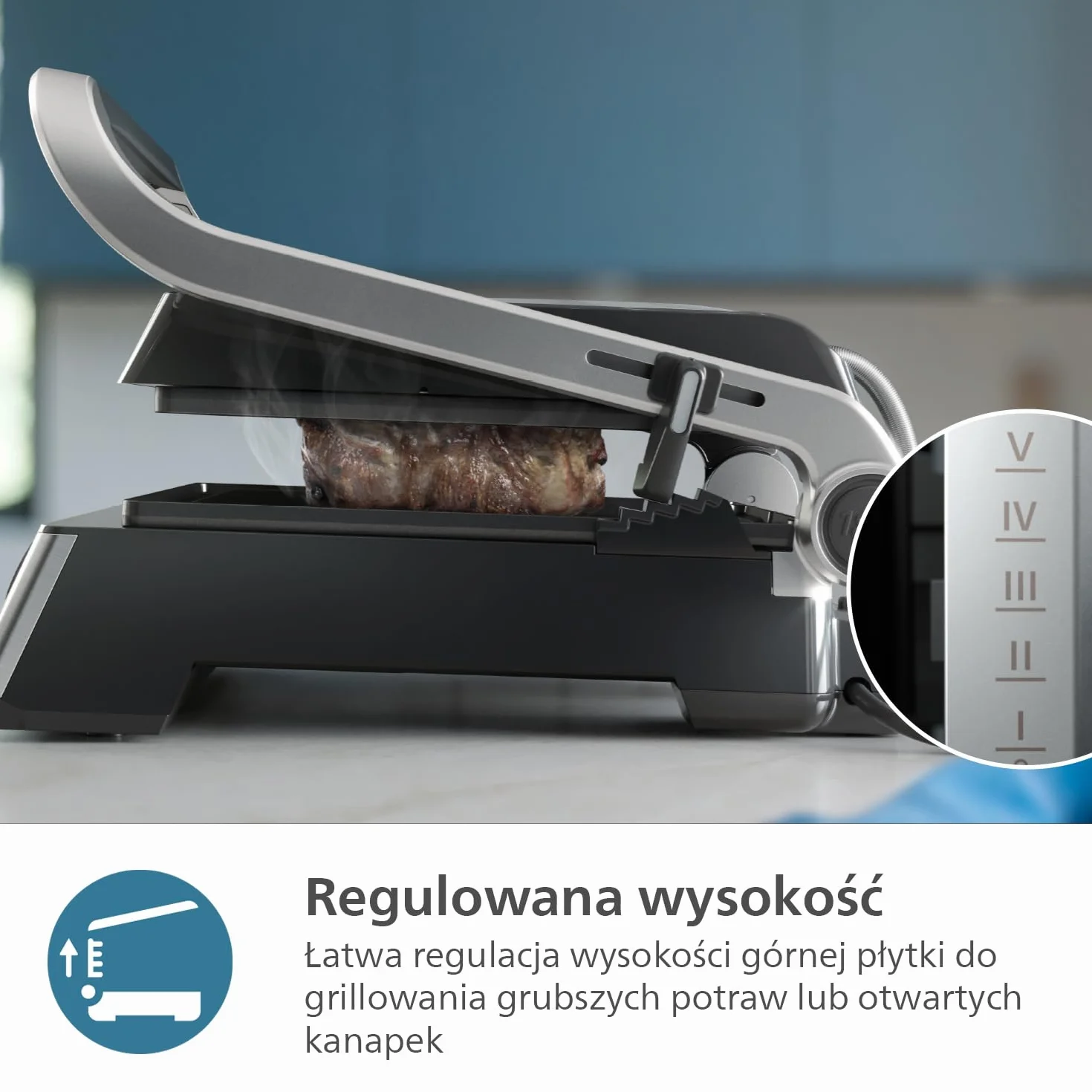 Philips Grill elektryczny - Regulowana temperatura. Duża powierzchnia grillowania i wysoka moc. Wyjmowane, nieprzywierające płytki i tacka na tłuszcz. (HD6301/90)