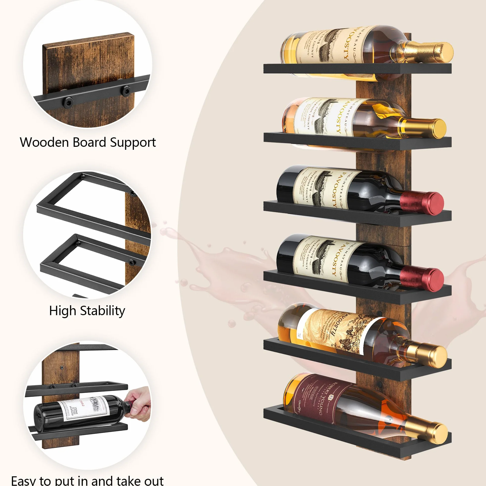FAVOOSTY Wiszący Regał na Wino, Metalowy 6-Poziomowy do Piwnicy,wina, do jadalni, sypialni, piwnicy wino,czarny
