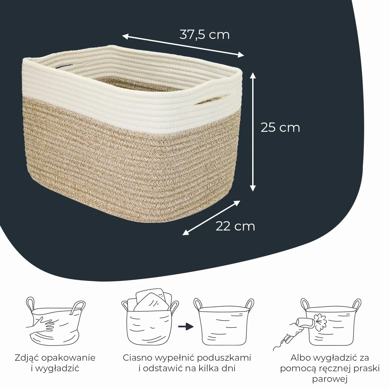 HMF Kosz do przechowywania z ukrytymi uchwytami, zestaw 3 sztuk, kosz bawełniany, 37,5 x 25 x 22,5 cm, biały/brązowy