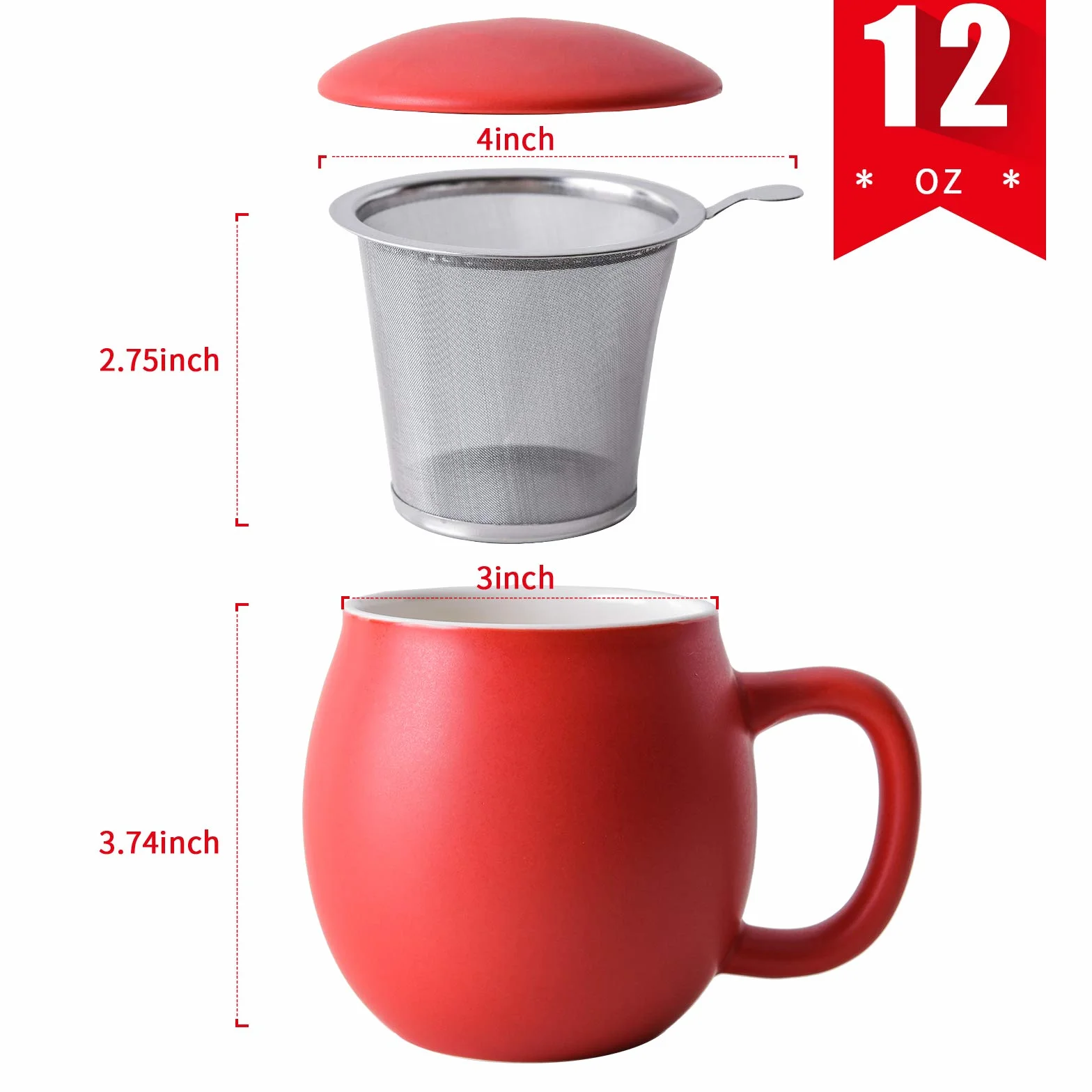 Yundu Porcelanowa filiżanka do herbaty 355 ml z zaparzaczem i pokrywką, kubek z pokrywką do stromenia, matowa czerwień