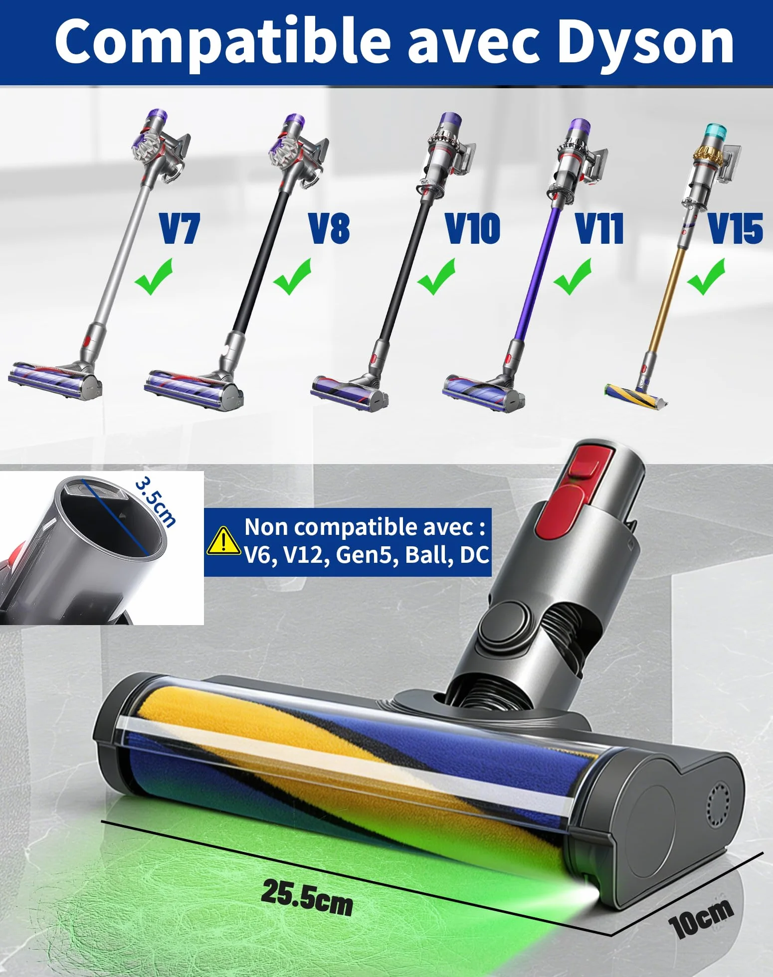 Szczotka do Dyson V7 V8 V10 V11 V15 – Głowica z zielonym światłem LED ujawniająca i zasysająca niewidoczny kurz – Szczotka silnikowa do odkurzacza Dyson – Końcówka zamienna do twardych podłóg