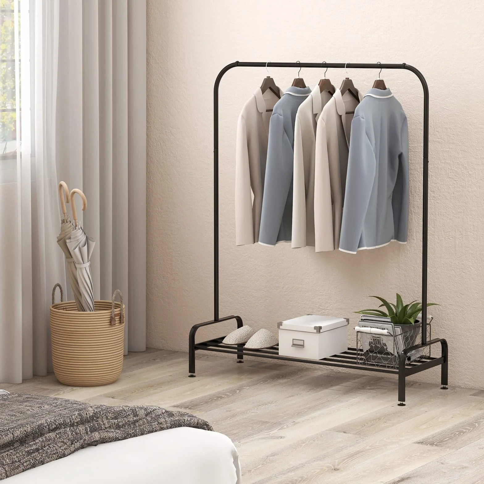 COSTWAY Wieszak na ubrania z drążkiem na ubrania i półką, metalowy wieszak na ubrania z regulowanymi nóżkami, wolnostojący, 112 x 42 x 145 cm