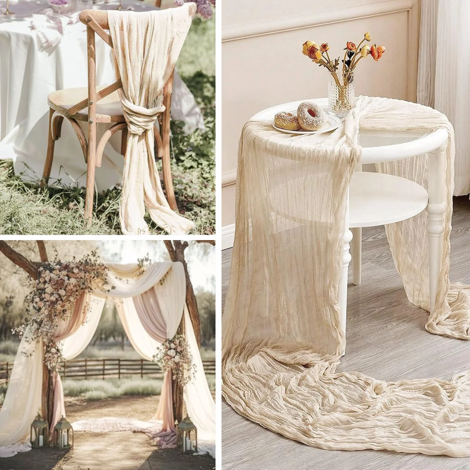 Bieżnik na stół, 4 sztuki, beżowy ręcznik serowy, bieżnik na stół, muślinowy materiał boho, rustykalny bieżnik na stół na wesele, urodziny, dekoracja 90 x 300 cm