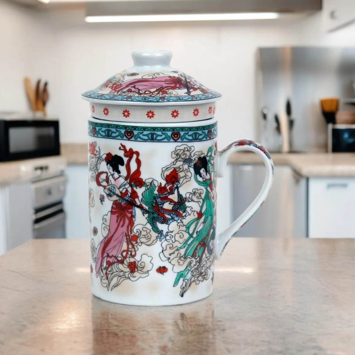Ceramiczna filiżanka do herbaty z pokrywką i sitkiem, porcelanowy zestaw upominkowy, motyw azjatycki Dragon Flight