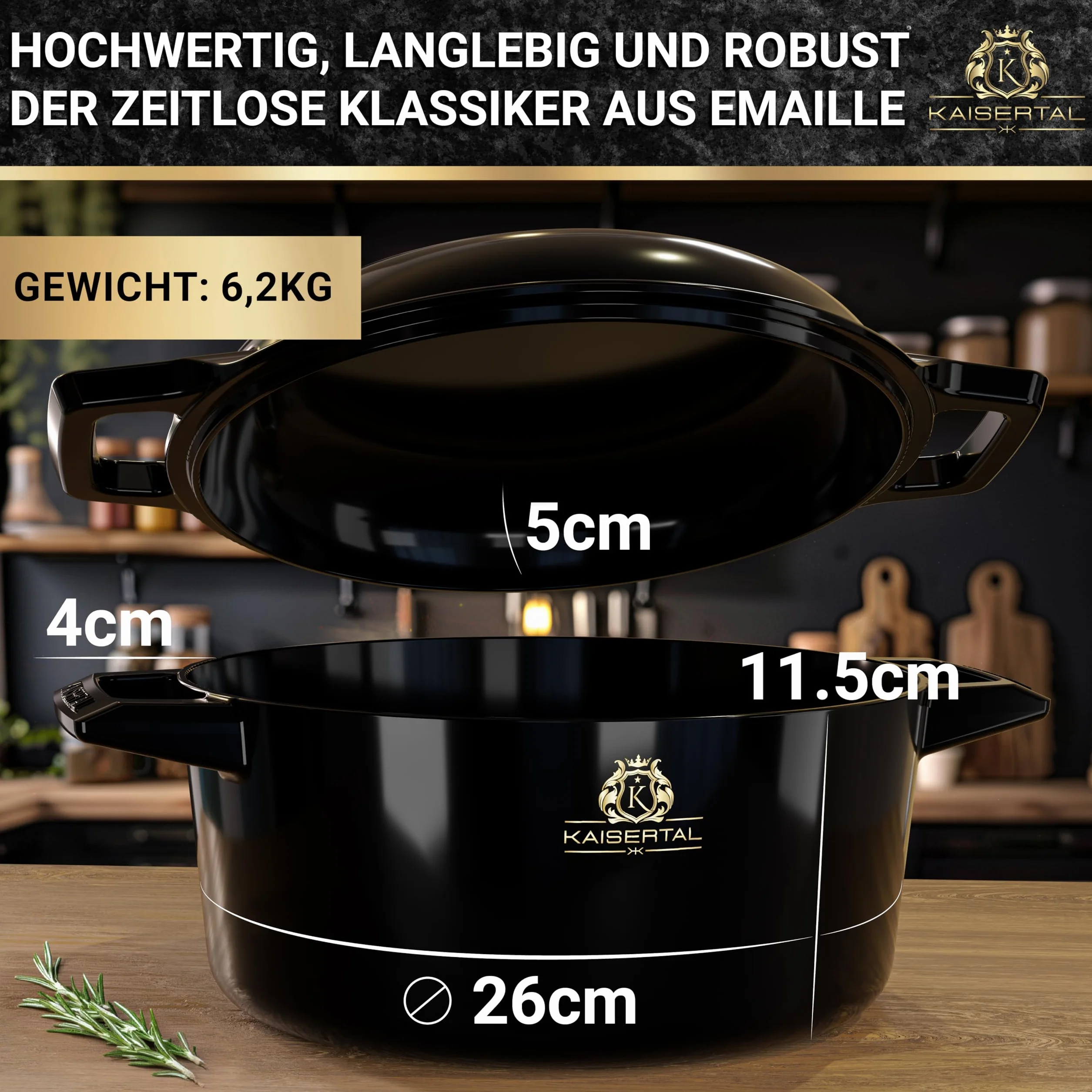 KAISERTAL emaliowany garnek żeliwny – 2 w 1 brytfanna z pokrywką 4,8 l i patelnia żeliwna 1,8 l – garnek do duszenia z pokrywką i żeliwną brytfanną – garnek do pieczenia chleba, garnek do pieczenia na