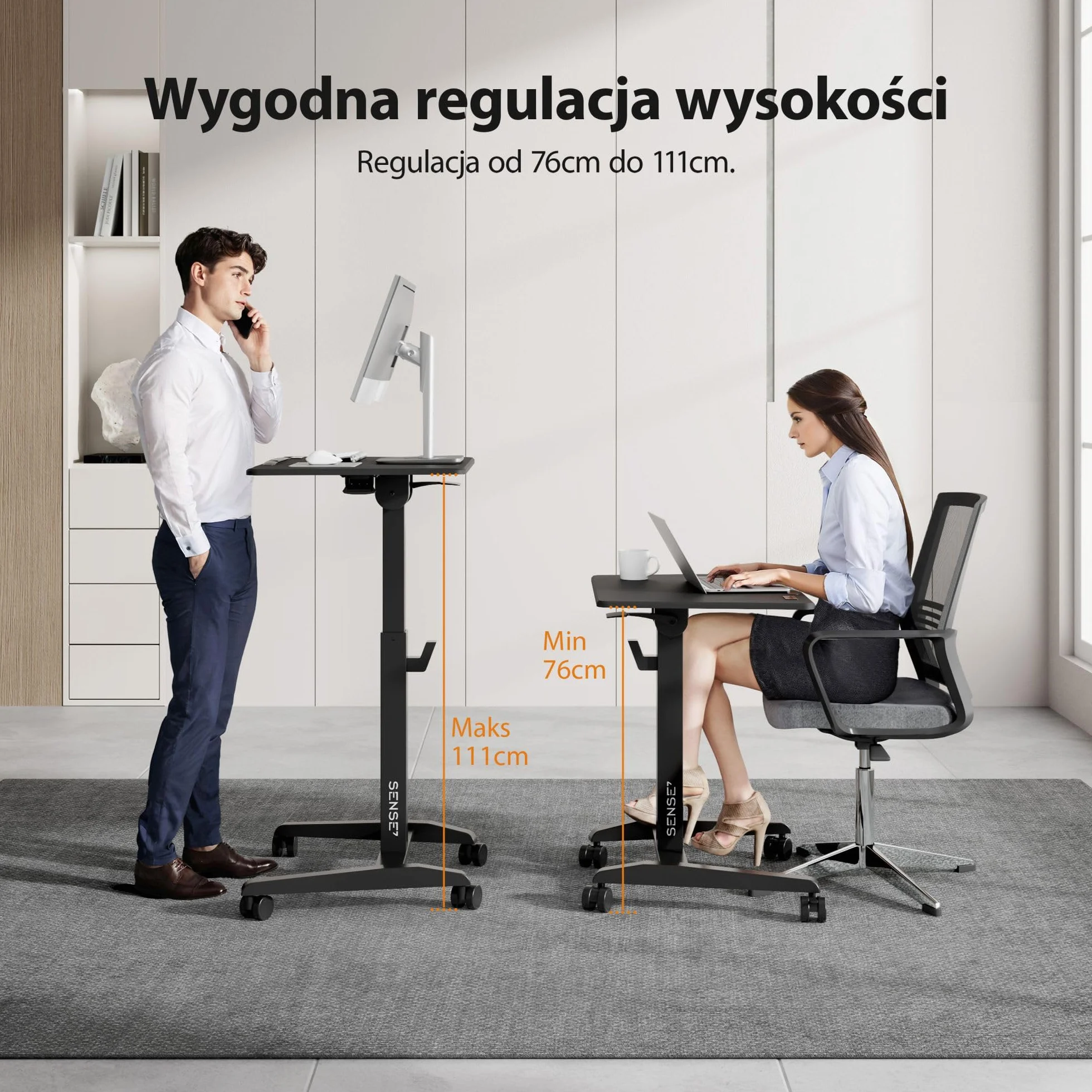 SENSE7 Mobile Desk | Biurko Regulowane | 70 X 52 Cm | Mobilna Konstrukcja | Wysokość 76-111 Cm | Zmiana Kątu Nachylenia | Uchwyt Na Słuchawki | Ogranicznik Krawędzi | Kółka Z Blokadą | Czarne