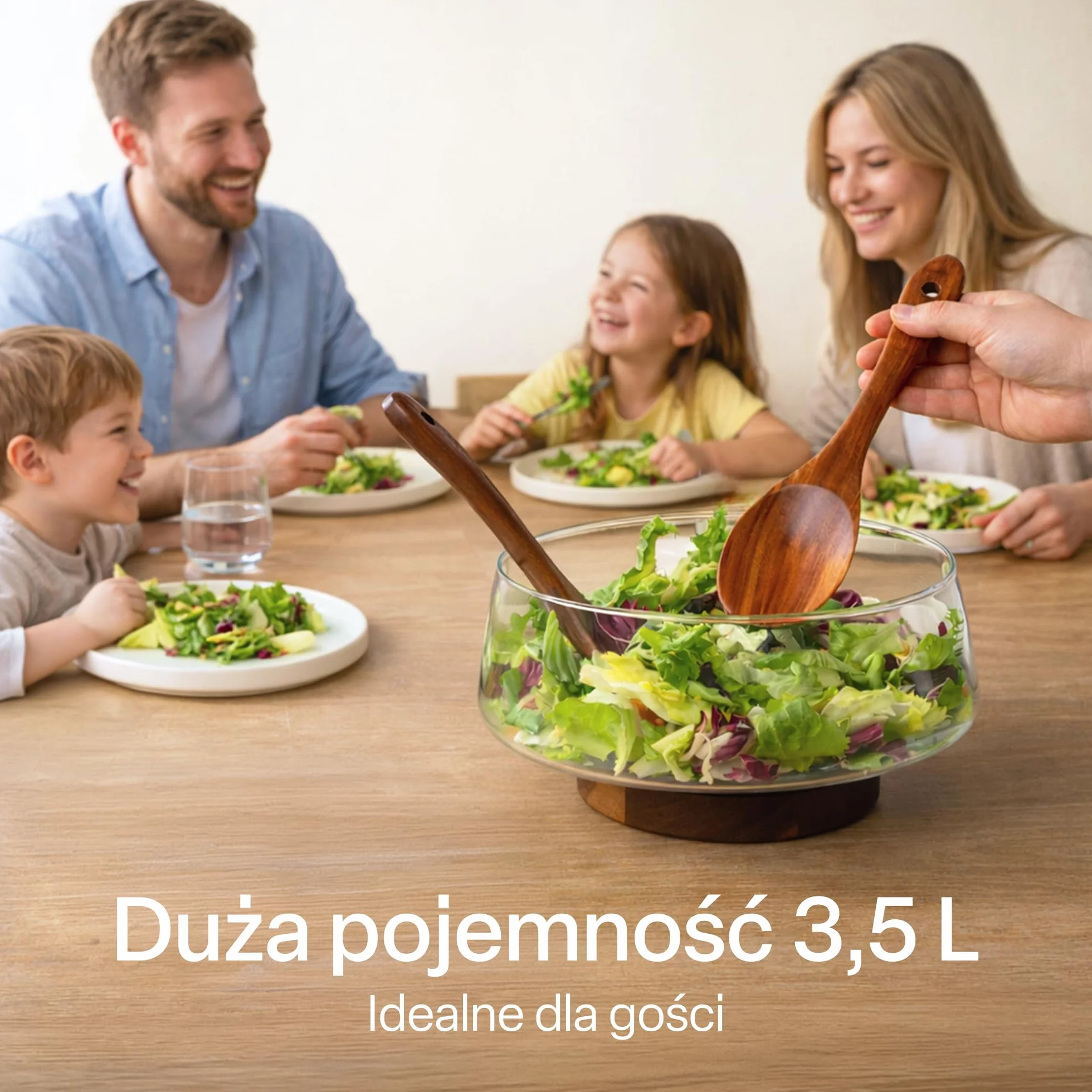 MIAMIO Duża Szklana Miska do Sałatki 3,5L z Drewnianą Podstawą Akacjową