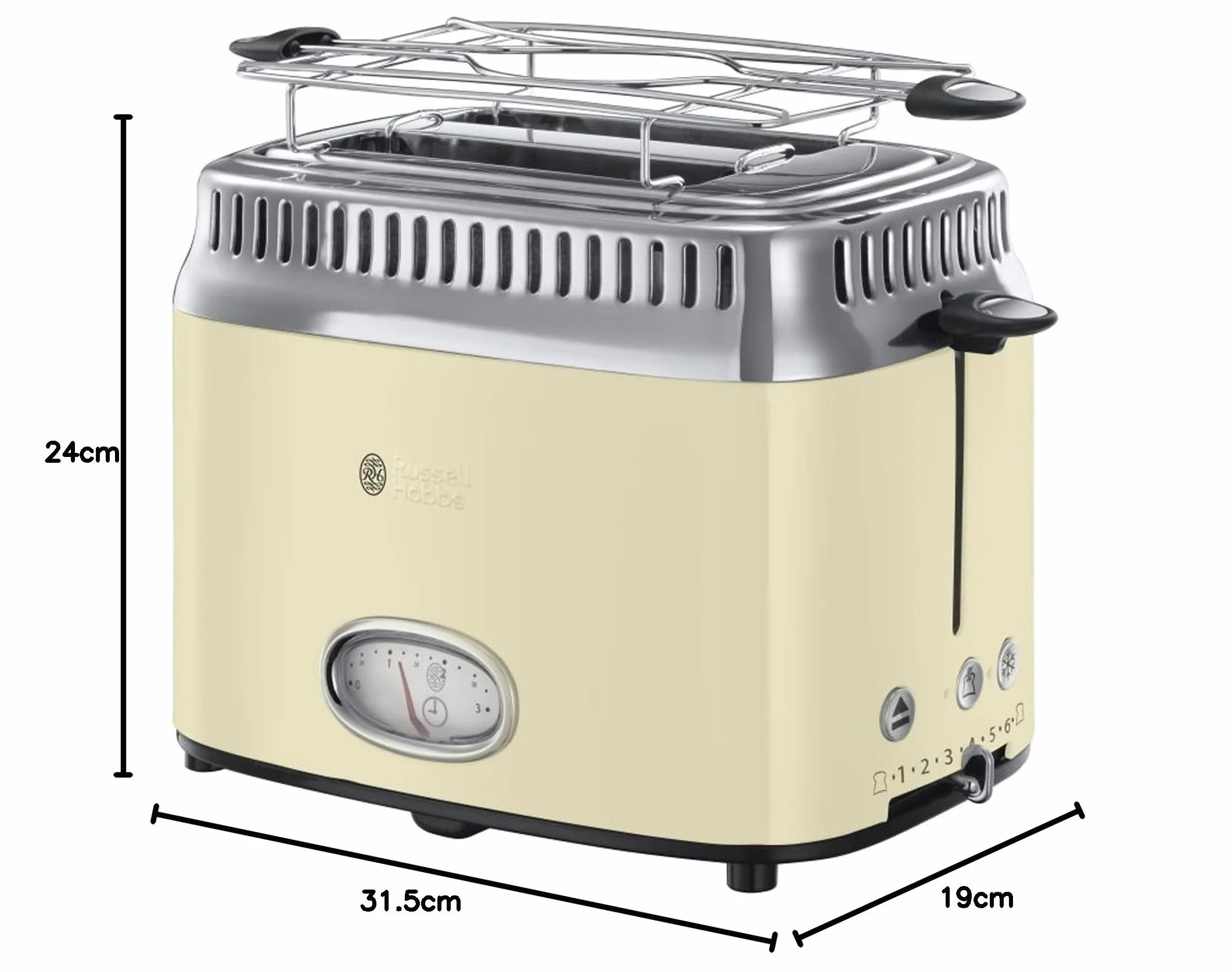 Russell Hobbs toster, szerokie otwory, regulacja stopnia pieczenia, funkcja podnoszenia tostów, funkcja rozmrażania, wskaźnik temperatury, tacka na okruchy, moc 1300W, kremowy, Retro Vintage 21682-56