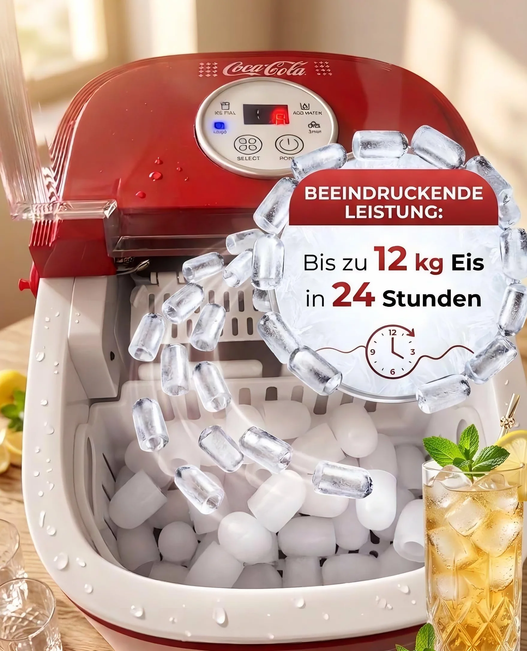 Salco Coca Cola kostkarka do lodu w kolorze czerwonym, 2 rozmiary kostek lodu, 12 kg na dzień, w stylu retro, czerwona, przenośna kostkarka do kostek lodu do koktajli, napojów i imprez
