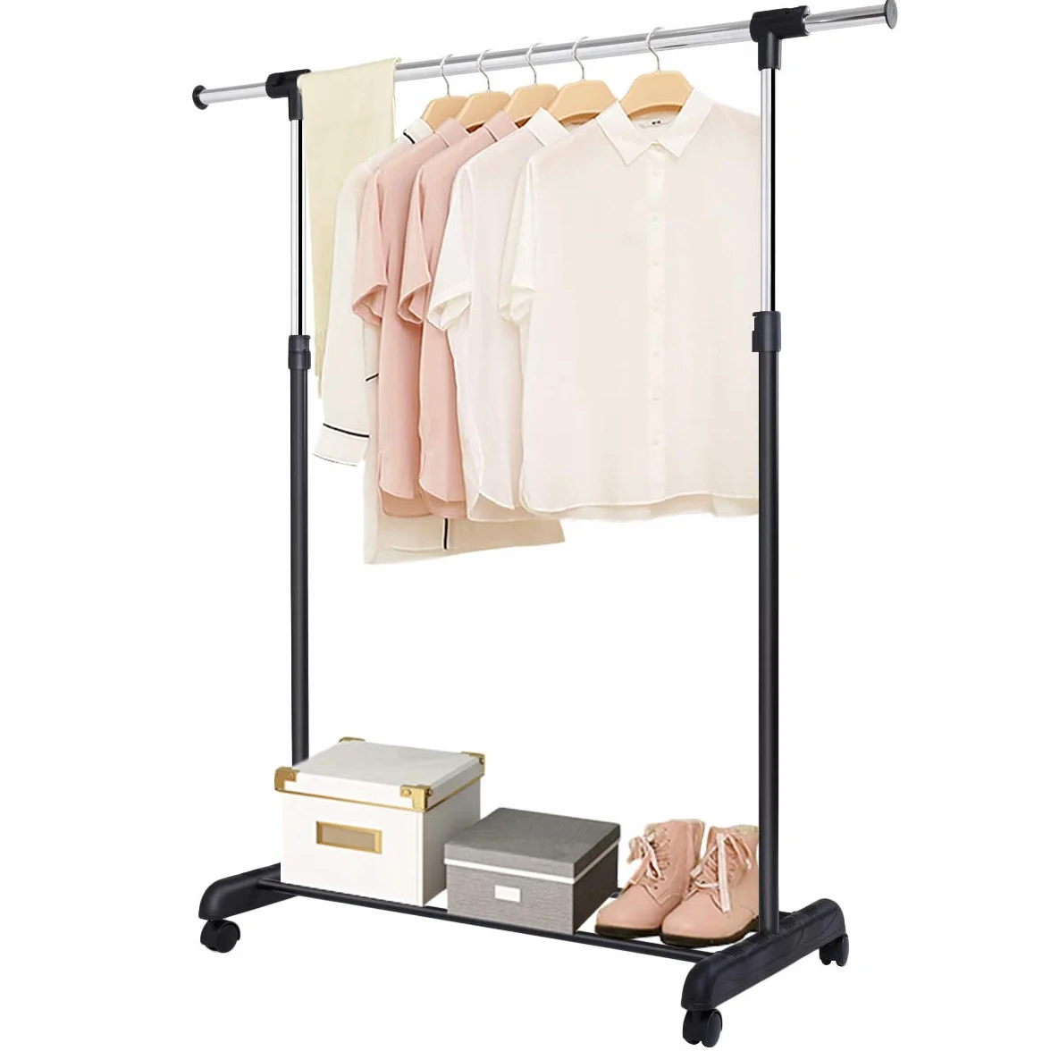 COSTWAY Wieszak Na Ubrania Na Kółkach Z Regulacją Wysokości 92-170 cm, Wysuwany Drążek 84-140 cm, Wózek Garderobiany Ze Stabilną Półką, Obracane Kółka 360°, Hamulce, Antykorozyjny