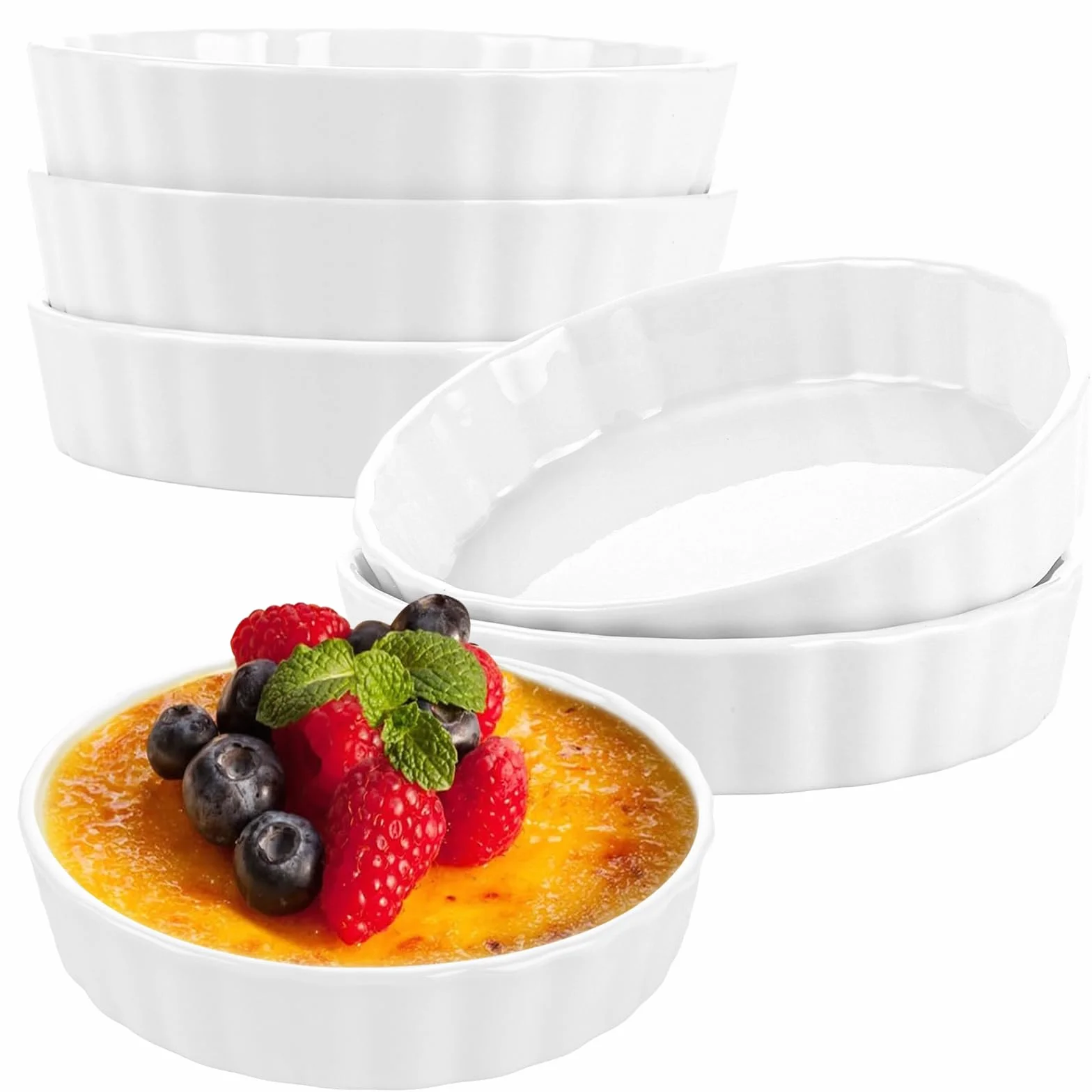 APACALI 6 sztuk kremowych miseczek do sufletu, 240 ml, ceramiczne foremki do tarteletów, płaskie miseczki do sufletu do pieczenia budyniu, mini ciast, budyniu i sosów dipowych