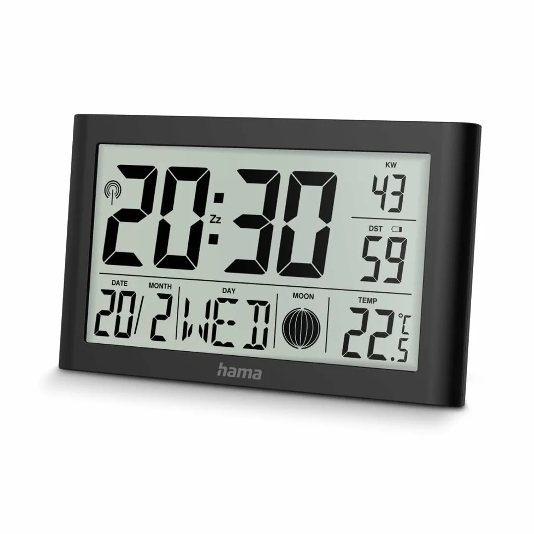 Hama Zegar ścienny cyfrowy (DCF zegar radiowy z termometrem, z higrometrem, zegar z funkcją budzika, 2 czasy budzenia, wyświetlanie kalendarza, dnia tygodnia, faz księżyca, rozkładana podstawa, w
