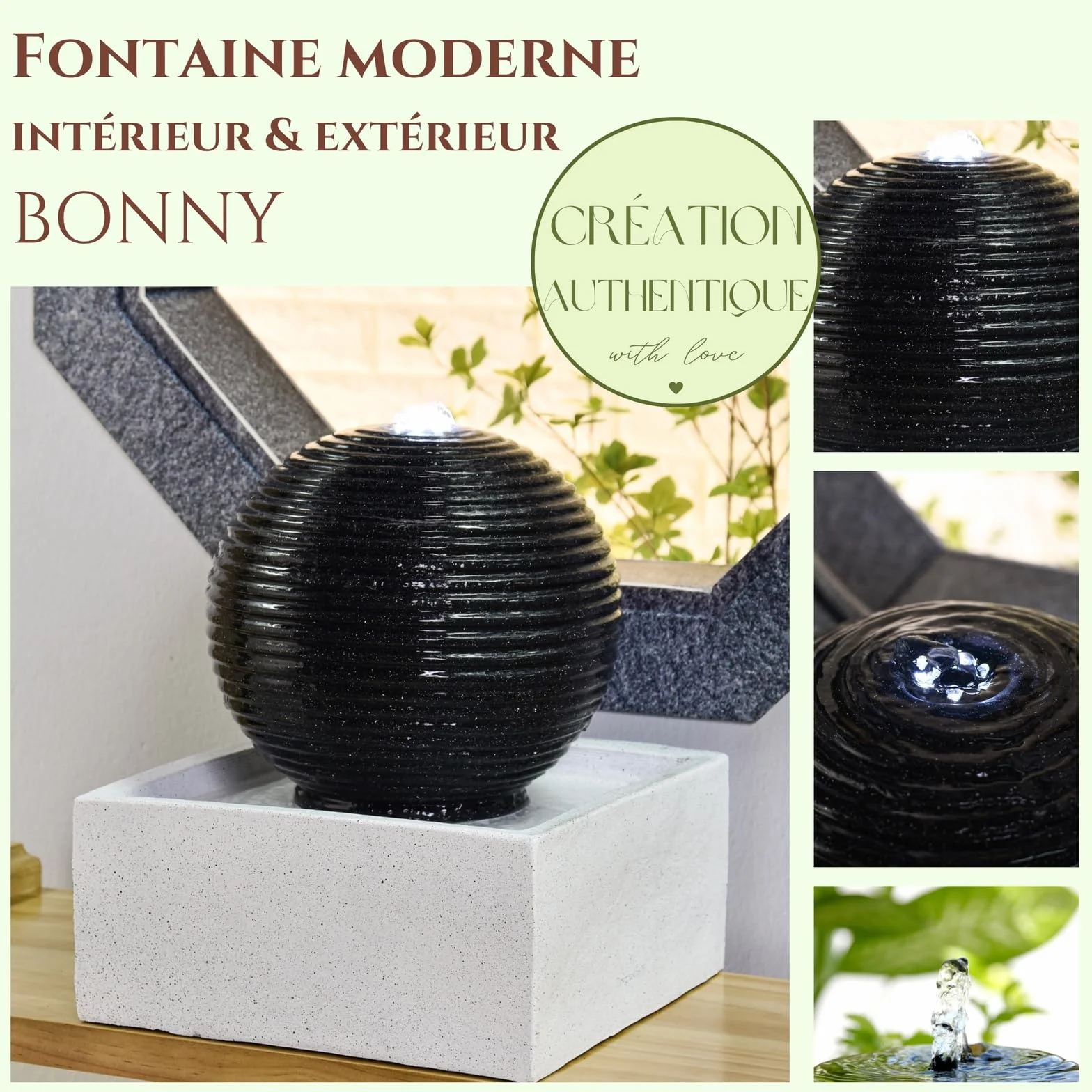 Nowoczesna fontanna wewnętrzna i zewnętrzna biała LED, relaksująca dekoracja stołu, pomysł na prezent na specjalne okazje, wys. 34 x 30 x 30 cm - Bonny Zen'light, szara