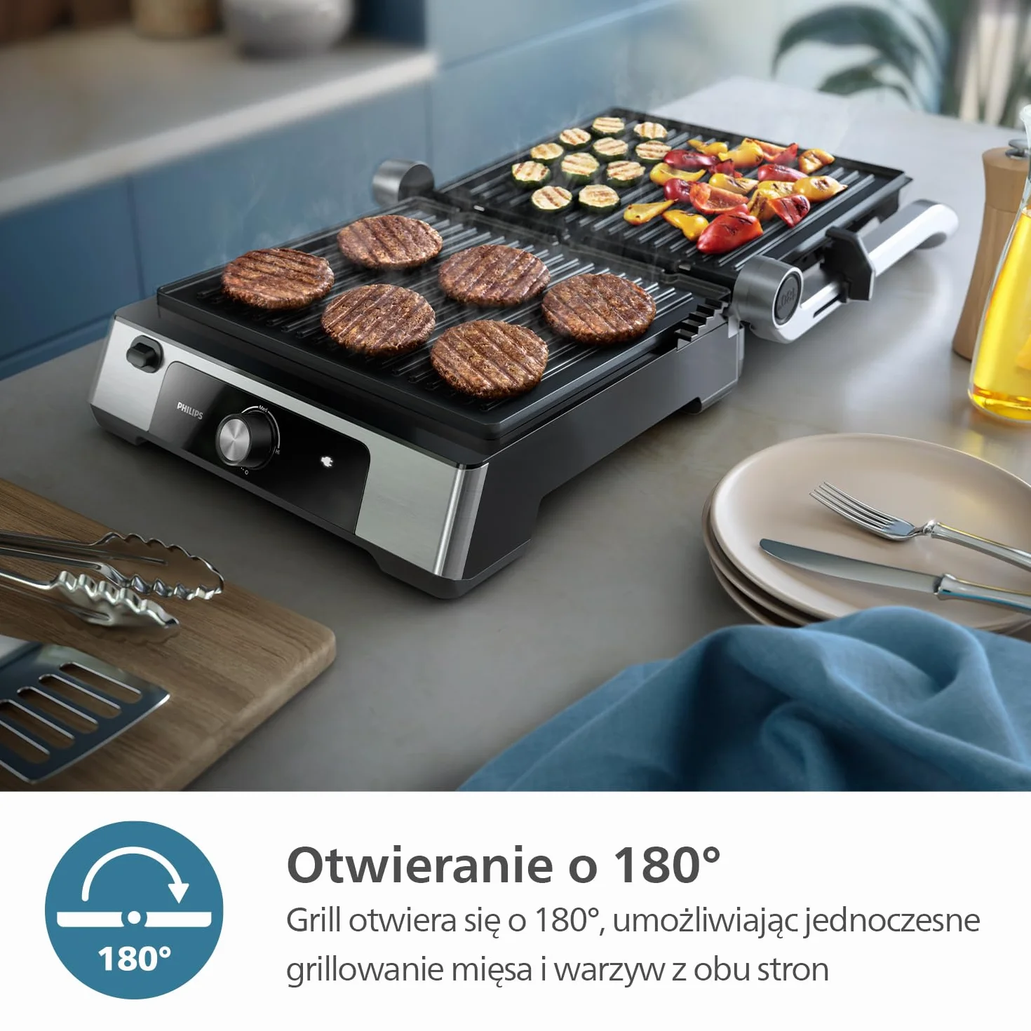 Philips Grill elektryczny - Regulowana temperatura. Duża powierzchnia grillowania i wysoka moc. Wyjmowane, nieprzywierające płytki i tacka na tłuszcz. (HD6301/90)