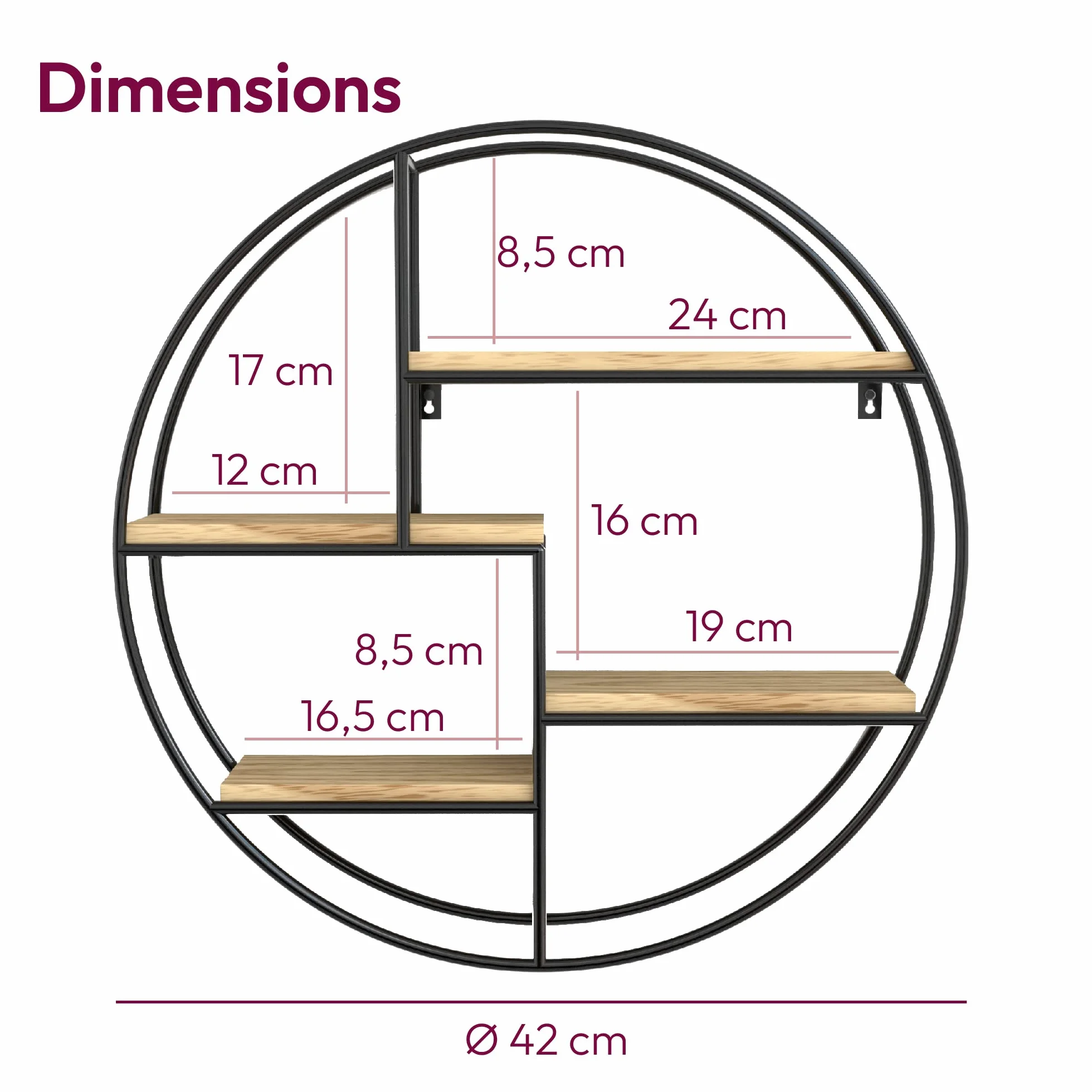 Gadgy Okrągły Regał Ścienny z 4 Półkami 42x10 cm Drewno Metal Industrialny