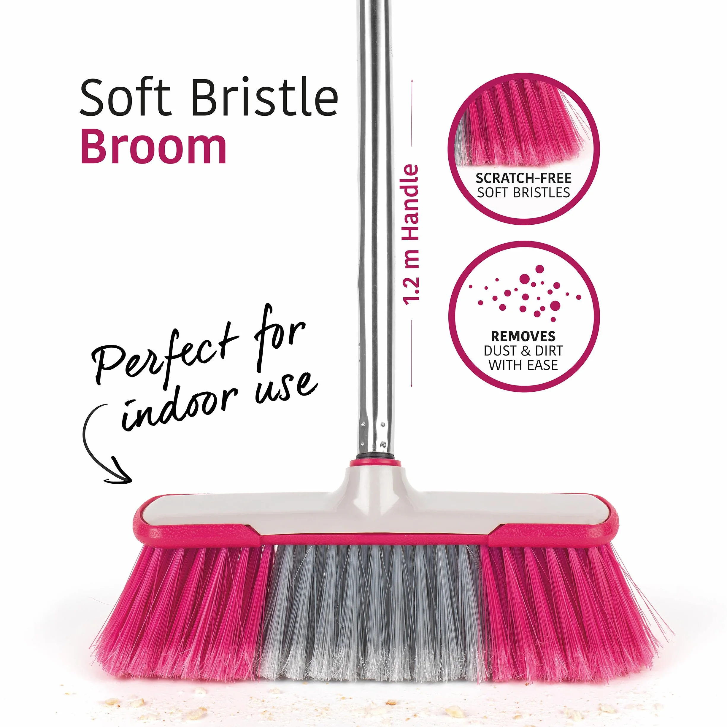 Kleeneze KL062437EU Soft Bristle Sweeping Brush Indoor Floor Sweeper Broom 1.2 Metre Handle Stainless Steel Grey Pink