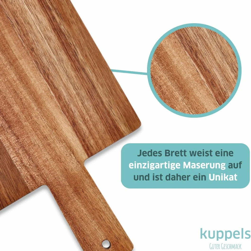 Kuppels NICE Deska do krojenia z drewna akacjowego, 35 x 18 x 1,5 cm, z uchwytem, nie niszczy ostrzy, drewniana deska do krojenia, deska do serwowania, deska do serwowania, drewniana deska do krojenia