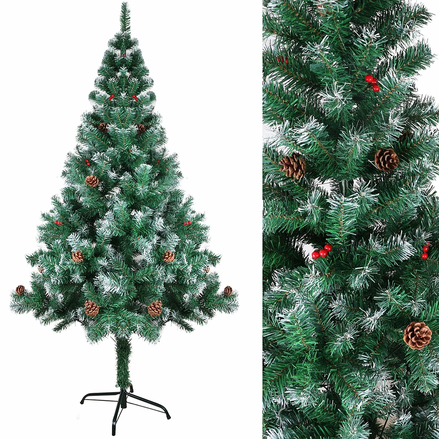 Sztuczna choinka z szyszkami sosnowymi i jagodami 120 cm trudnopalna metalowy stojak